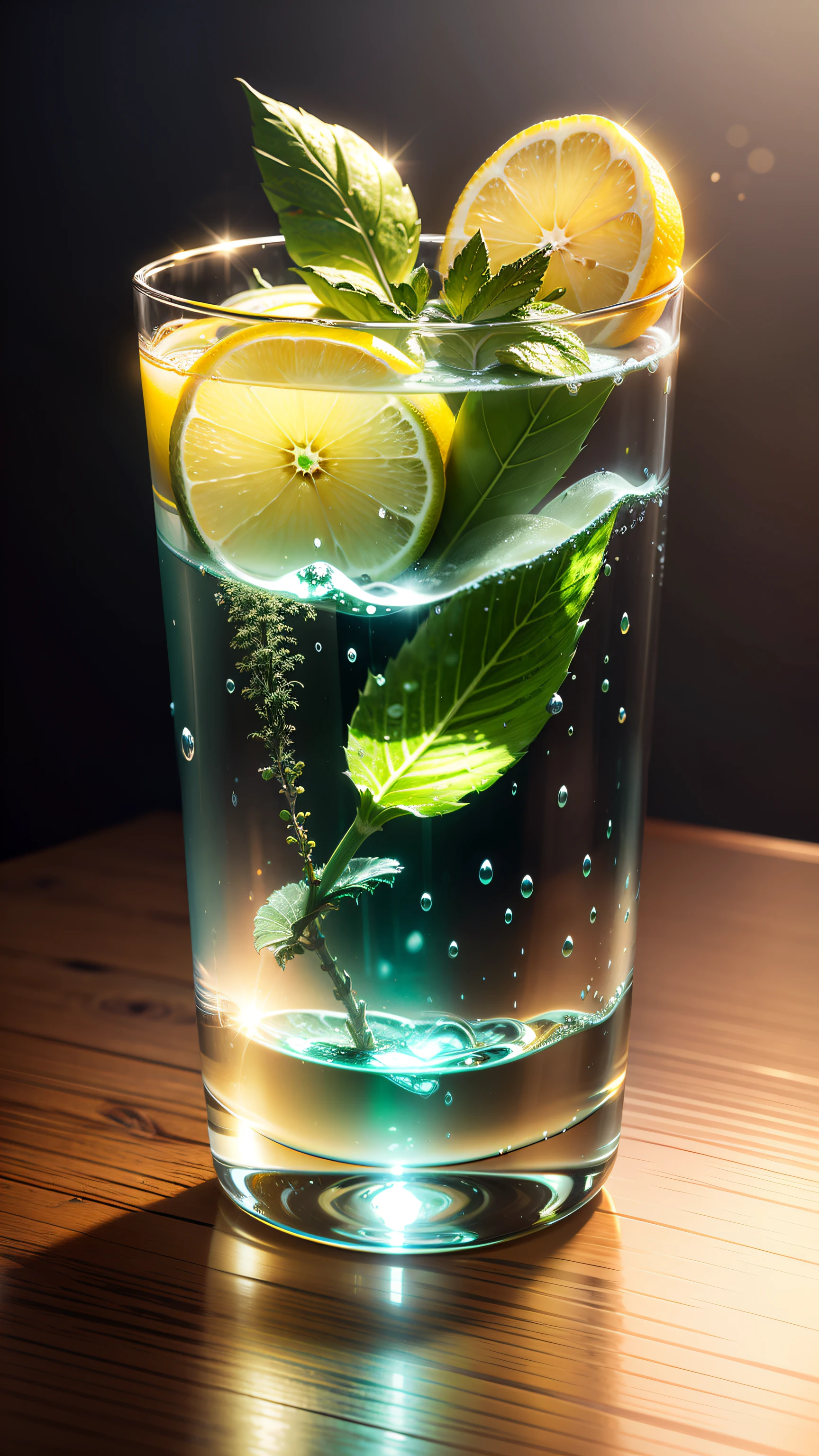 fondo de pantalla, Vidrio transparente, agua con gas, cubos de hielo, small lemon slices, como, plantas tropicales, clima caliente, Detalle HD, humedad, small drops of water, hiperdetalle, movie, Surrealismo, Luz tenue, Bokeh de enfoque de campo profundo, trazado de rayos, diffuse reflection (ultra-fine glass reflection) and Surrealismo. --v6