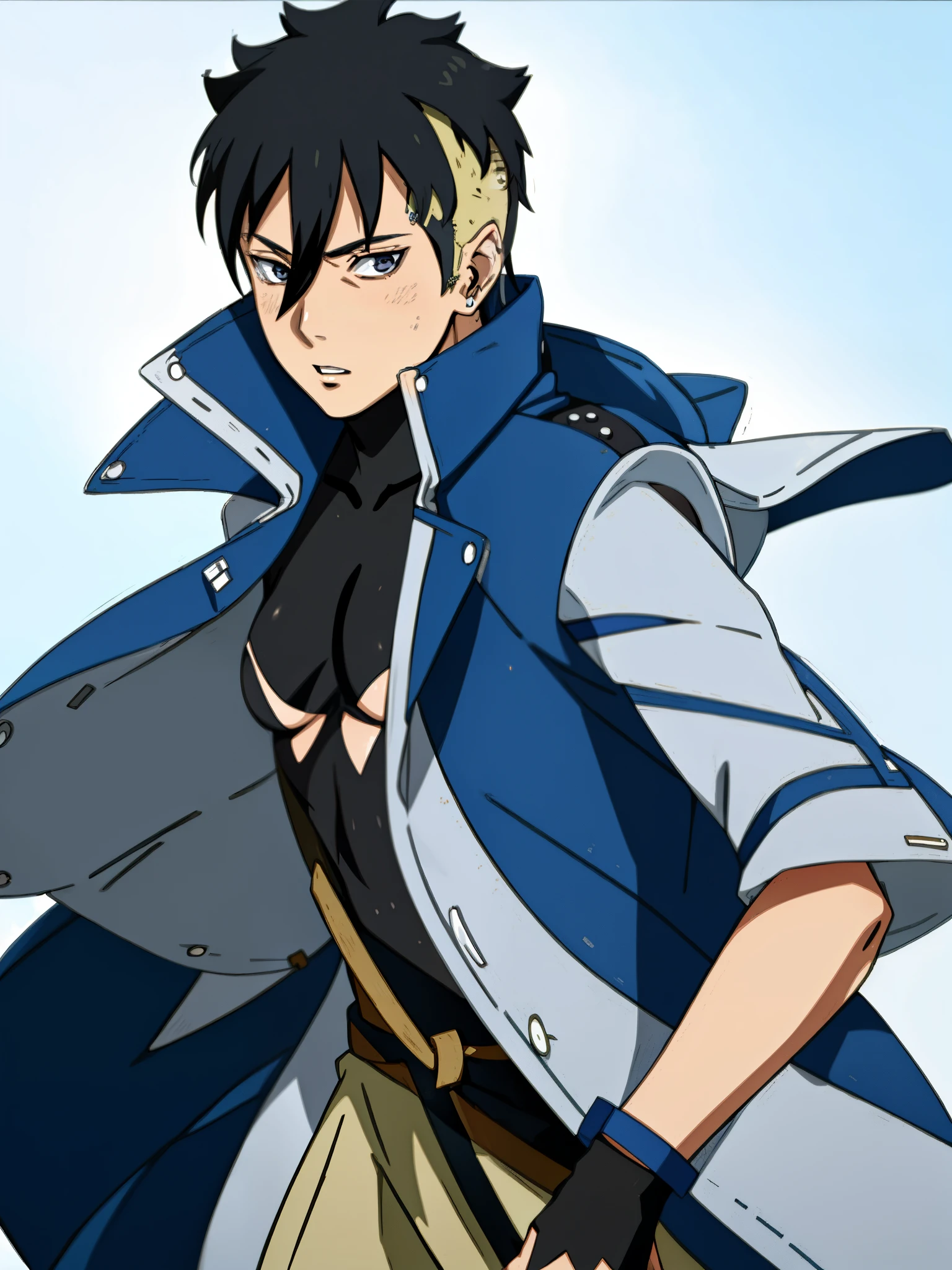 kawaki_uzumaki a man with a navy blue and white jacket,((In female version with medium breasts)),(Ultra extreme quality:1.5),