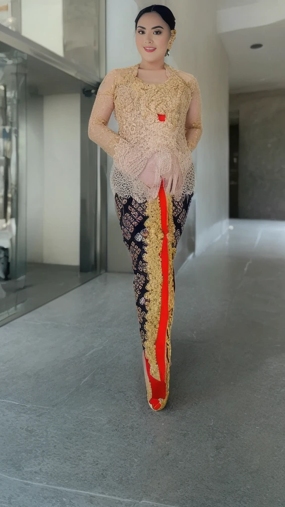 (8k, RAW photo, best quality, masterpiece:1.2),woman, portrait of woman wearing kebaya kebaya_bali in traditional black long kebaya, red lipstick, gold necklace, earrings, decoration, detail, flowers, blurred background, soft focus,(SFW:1.3),(Full Body:1.7),(cute face:1.3),(big breasts:1.3),(high heels:1.3),(big hips1.3), (medium thighs:1.3),(covered breasts:1.3),(bust cleavage:1.1),(lipgloss:1.3),(Cute eyes:1.3),(Red lips:1.3),(Smooth skin texture:1.3),( Precise and perfect human anatomy: 1.3),(Beautiful and perfect facial features: 1.3), (Long eyelashes: 1.3),(Red lips: 1.3),(Shiny and textured lips: 1.3),(Smooth skin texture: 1.3),(earrings: 1.3),(Beautiful detailed eyes: 1.3),(Natural Color Lips: 1.3),(Beautiful face: 1.3),(kebaya_bali:1.7)