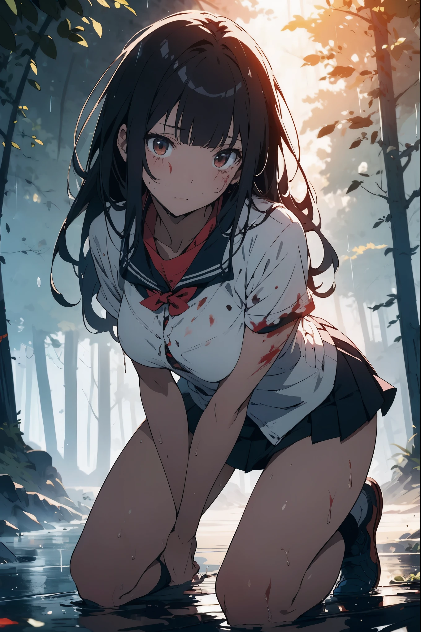 One Scene、one-shot、1 person、Reimu Hakurei、Belly button、Cleavage、Slim body、Skinny、front、whole body、Stand、Stand up、Cute face、Miniskirt、Thighs、Grass at night、midnight、I injured、Bleeding、Bleeding、Clothes get torn、Torn clothes、A battered body、Covered in scars、Fall to the ground、cry、Tears、Lying on your back、Rolling on the floor、Peeing、incontinence、fear、Scared、Turn pale、