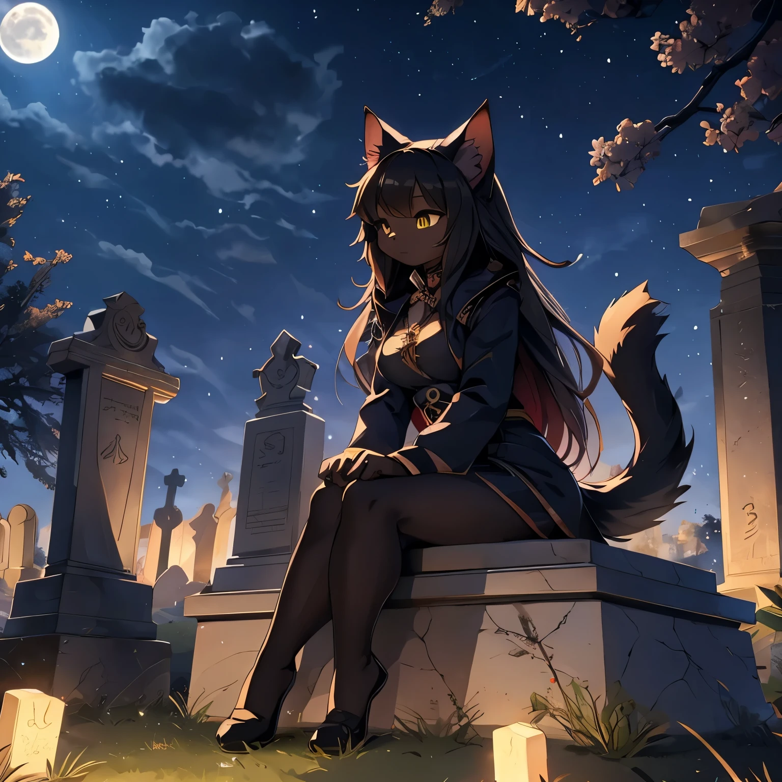 A female black cat sitting on a tombstone in a graveyard. The moon lights the sky.