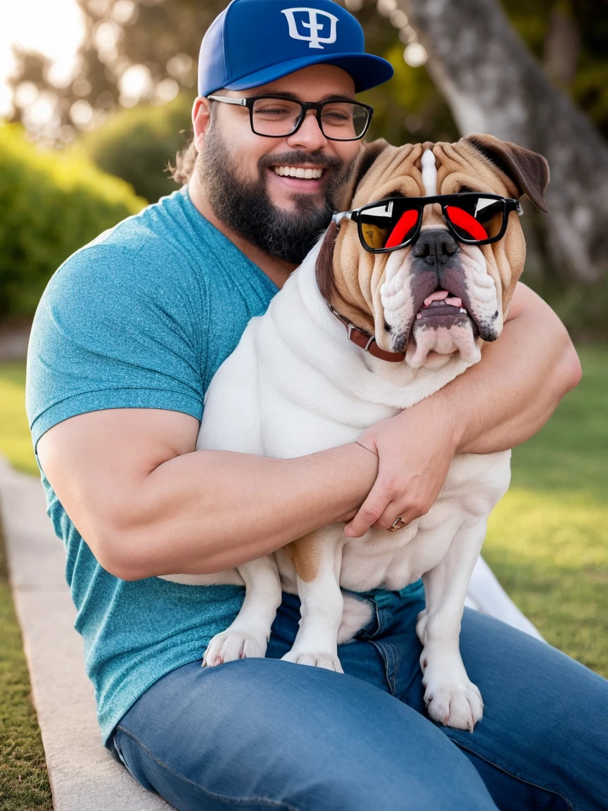 Uma luz amarelada de fim de tarde ilumina o corpo e o ambiente, Veste roupas da moda, mesa,alta qualidade,altamente detalhado,cena intensa, solid, Gritty Reality Scenario for 42 Year Old Sexy Fat Bearded Man,cheio de suor,corpo todo,barriga grande, prescription glasses or sport glasses , smiling Laughing expression of great happiness, wearing a hat or wearing a hat on the head, ((Vestindo blusa de passeio, uma bermuda branco)),rosto atordoado,Abra as pernas, Florida square environment luxurious outdoor place, He walks his English Cocker Spaniel or English Bulldog, Dalmatians, collie, Maltese, he affectionately holds the dog in his arm or holds him petting him on his lap.