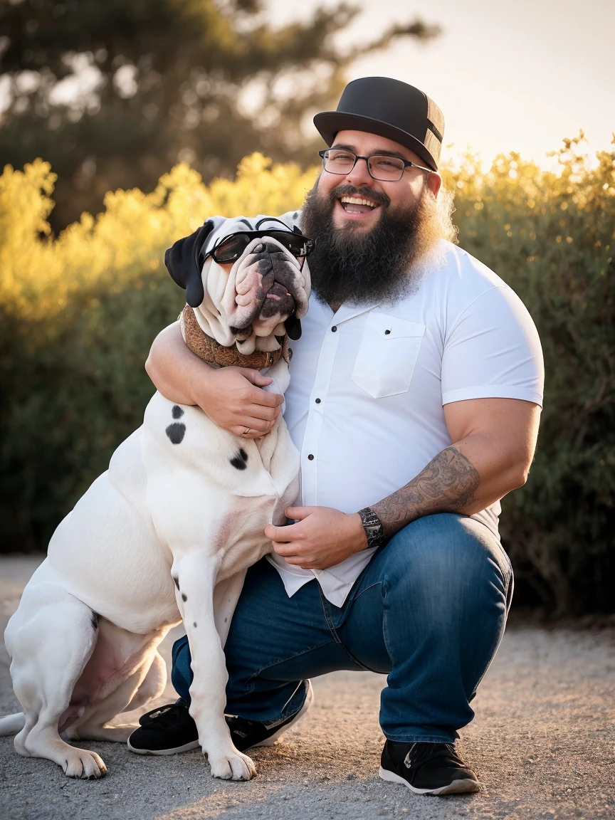 Uma luz amarelada de fim de tarde ilumina o corpo e o ambiente, Veste roupas da moda, mesa,alta qualidade,altamente detalhado,cena intensa, solid, Gritty Reality Scenario for 42 Year Old Sexy Fat Bearded Man,cheio de suor,corpo todo,barriga grande, prescription glasses or sport glasses , smiling Laughing expression of great happiness, wearing a hat or wearing a hat on the head, ((Vestindo blusa de passeio, uma bermuda branco)),rosto atordoado,Abra as pernas, Florida square environment luxurious outdoor place, He walks his English Cocker Spaniel or English Bulldog, Dalmatians, collie, Maltese, he affectionately holds the dog in his arm or holds him petting him on his lap.