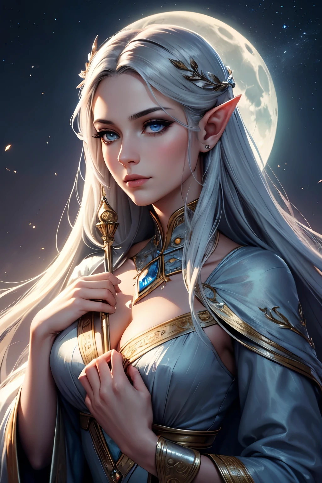 (ultra-detailed, highres:1.2), black haired, cool blue eyes, light skin, tall and slim, noble born, elegant and dignified, half-elf, lunar magic sorcerer lady, portraits, detailed eyes and face, long eyelashes, flowing silver hair, moonlit garden background, mystical atmosphere, glowing magical glyphs, ethereal beauty, enchanted staff, flowing robes, delicate lunar ornaments, serene expression, moonlight shining on her, soft and gentle lighting, fantasy artwork, vibrant colors, dreamlike ambiance, graceful pose