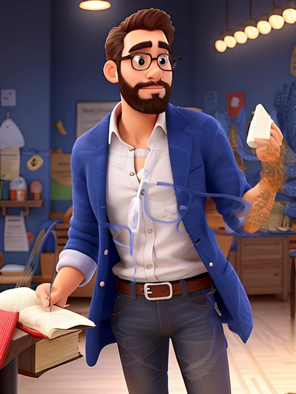 Pode melhorar barba mais rala com uns fios brancos, Make the full body appearing white red shoes. Man stands on black background on a speaker-like stage with microphone in one hand and book in the other in Disney pixar style best quality, maior qualidade.