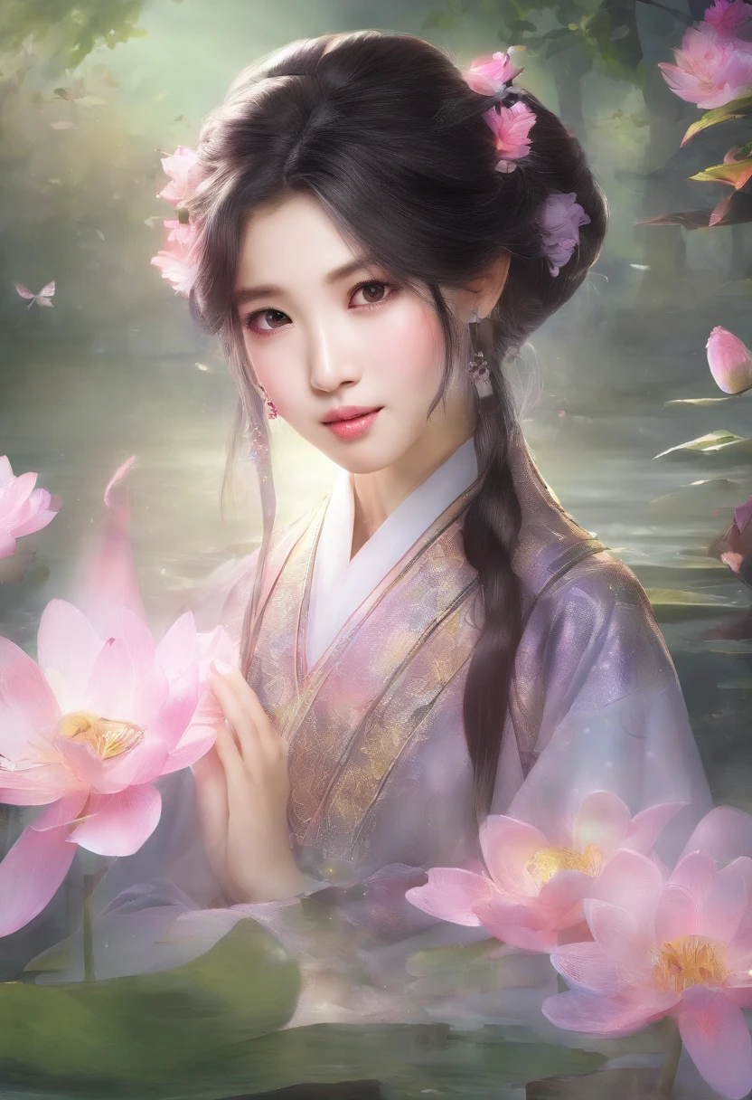 1 girl, alone, Cute pretty bun，，Hair black (looking into camera: 1.1) Lively and playful expression，Chinese garden，pond，lotus，play with water，Chinese style , Style quadratic，best quality，exquisite,Mouth,The facial details are very rich,blush,粉红色的Mouth唇,娇嫩的Mouth唇, 