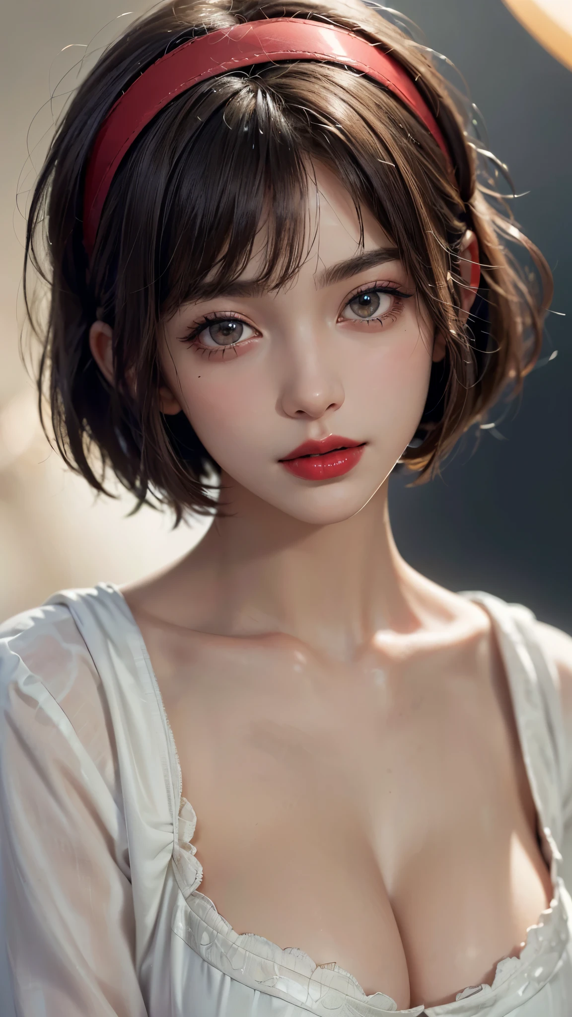 (UHD, retina, masterpiece, accurate, anatomically_correct, textured_skin, super_detail, high_details, high_quality, best_quality, high_res, 1080P, HD, 4K, 8k, 16k), (beautiful_detailed_eyes, beautiful_detailed_lips, extremely_detailed_eyes_and_face), (soft_lighting:1.5), physically-based_rendering, vivid_colors, (large_breasts:1.5), (shiny_hair, shiny_skin, tanned_skin, blush), (bangs:1.5), eye_reflection, (bokeh), (red_lips, bob_cut, hairband, blouse:1.5),