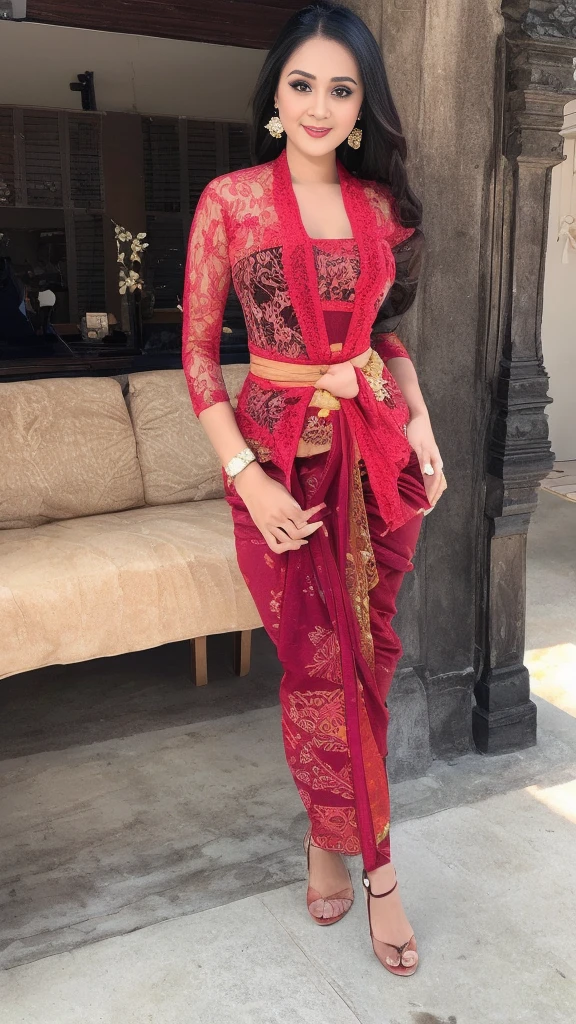 (8k, RAW photo, best quality, masterpiece:1.2),woman, portrait of woman wearing kebaya kebaya_bali in traditional black long kebaya, red lipstick, gold necklace, earrings, decoration, detail, flowers, blurred background, soft focus,(SFW:1.3),(Full Body:1.7),(cute face:1.3),(big breasts:1.3),(high heels:1.3),(big hips1.3), (medium thighs:1.3),(covered breasts:1.3),(bust cleavage:1.1),(lipgloss:1.3),(Cute eyes:1.3),(Red lips:1.3),(Smooth skin texture:1.3),( Precise and perfect human anatomy: 1.3),(Beautiful and perfect facial features: 1.3), (Long eyelashes: 1.3),(Red lips: 1.3),(Shiny and textured lips: 1.3),(Smooth skin texture: 1.3),(earrings: 1.3),(Beautiful detailed eyes: 1.3),(Natural Color Lips: 1.3),(Beautiful face: 1.3),(kebaya_bali:1.7)