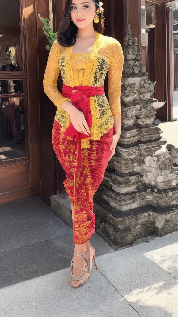 (8k, RAW photo, best quality, masterpiece:1.2),woman, portrait of woman wearing kebaya kebaya_bali in traditional black long kebaya, red lipstick, gold necklace, earrings, decoration, detail, flowers, blurred background, soft focus,(SFW:1.3),(Full Body:1.7),(cute face:1.3),(big breasts:1.3),(high heels:1.3),(big hips1.3), (medium thighs:1.3),(covered breasts:1.3),(bust cleavage:1.1),(lipgloss:1.3),(Cute eyes:1.3),(Red lips:1.3),(Smooth skin texture:1.3),( Precise and perfect human anatomy: 1.3),(Beautiful and perfect facial features: 1.3), (Long eyelashes: 1.3),(Red lips: 1.3),(Shiny and textured lips: 1.3),(Smooth skin texture: 1.3),(earrings: 1.3),(Beautiful detailed eyes: 1.3),(Natural Color Lips: 1.3),(Beautiful face: 1.3),(kebaya_bali:1.7)