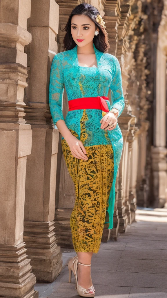 (8k, RAW photo, best quality, masterpiece:1.2),woman, portrait of woman wearing kebaya kebaya_bali in traditional black long kebaya, red lipstick, gold necklace, earrings, decoration, detail, flowers, blurred background, soft focus,(SFW:1.3),(Full Body:1.7),(cute face:1.3),(big breasts:1.3),(high heels:1.3),(big hips1.3), (medium thighs:1.3),(covered breasts:1.3),(bust cleavage:1.1),(lipgloss:1.3),(Cute eyes:1.3),(Red lips:1.3),(Smooth skin texture:1.3),( Precise and perfect human anatomy: 1.3),(Beautiful and perfect facial features: 1.3), (Long eyelashes: 1.3),(Red lips: 1.3),(Shiny and textured lips: 1.3),(Smooth skin texture: 1.3),(earrings: 1.3),(Beautiful detailed eyes: 1.3),(Natural Color Lips: 1.3),(Beautiful face: 1.3),(kebaya_bali:1.7)