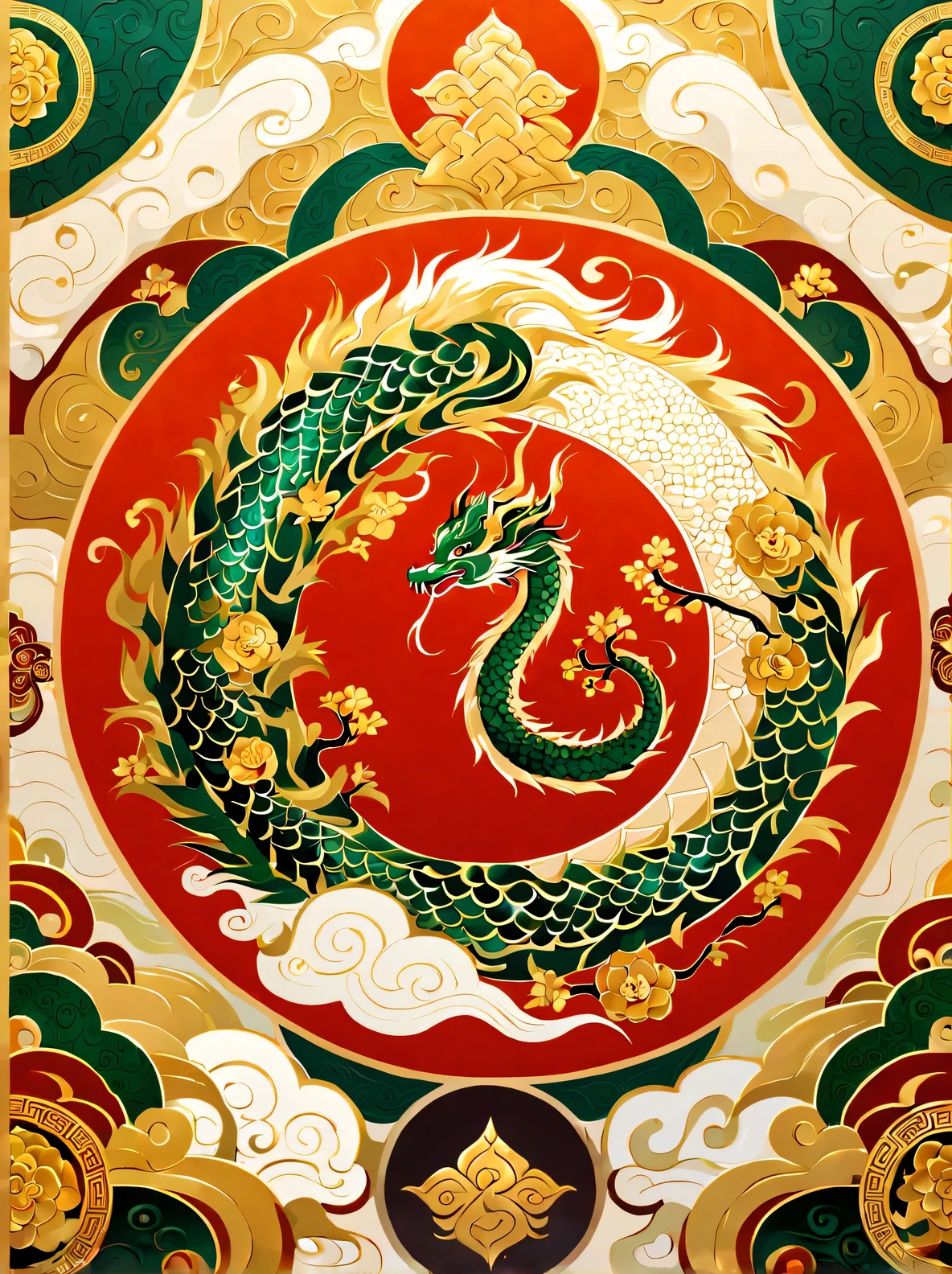 Chinese new year with Chinese dragon in red circle with flowers, Phoenician art style, high quality photos, Gu Hongzhong, Pattern and Decorative Movement, dark yellow and light white, thailand art, light red and dark emerald
