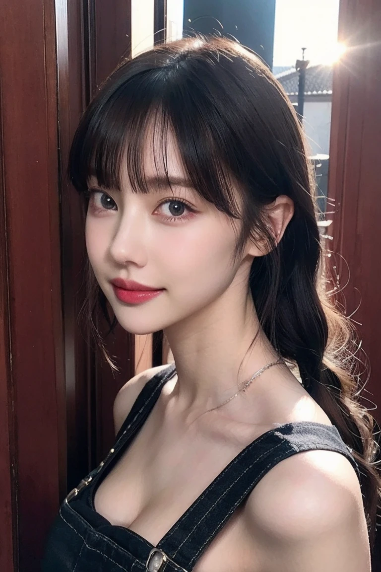 1girl,leogirl,tsurime,solo,detailed smooth pale skin,(smiling,happy),(bright red lips,blush:0.7),huge breasts,moody lighting,looking at viewer,blunt bangs,long hair,braided,(no bra:1.3),
masterpiece,best quality,high quality,highres,natural light,ray tracing,volumetric light,realistic,photorealistic,ultra highres,vivid,duobaca,dungarees,no bra,well sunlit,outdoor,(sideboob:0.8),