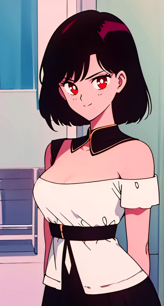 best quality, masterpiece, 1 girl, solo, light smile, looking at viewer, medium black hair, red eyes, seductive expression, look at viewer, white short sleeves off shoulder shirt , black high waist short skirt, best quality, hires, detailed face, detailed dress, detailed background, diffused lighting, depth of field, bokeh, cowboy shot, arms at each side