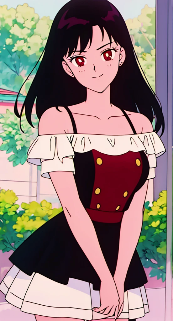 best quality, masterpiece, 1 girl, solo, light smile, looking at viewer, medium black hair, red eyes, seductive expression, look at viewer, white short sleeves off shoulder shirt , black high waist short skirt, best quality, hires, detailed face, detailed dress, detailed background, diffused lighting, depth of field, bokeh, cowboy shot, arms at each side