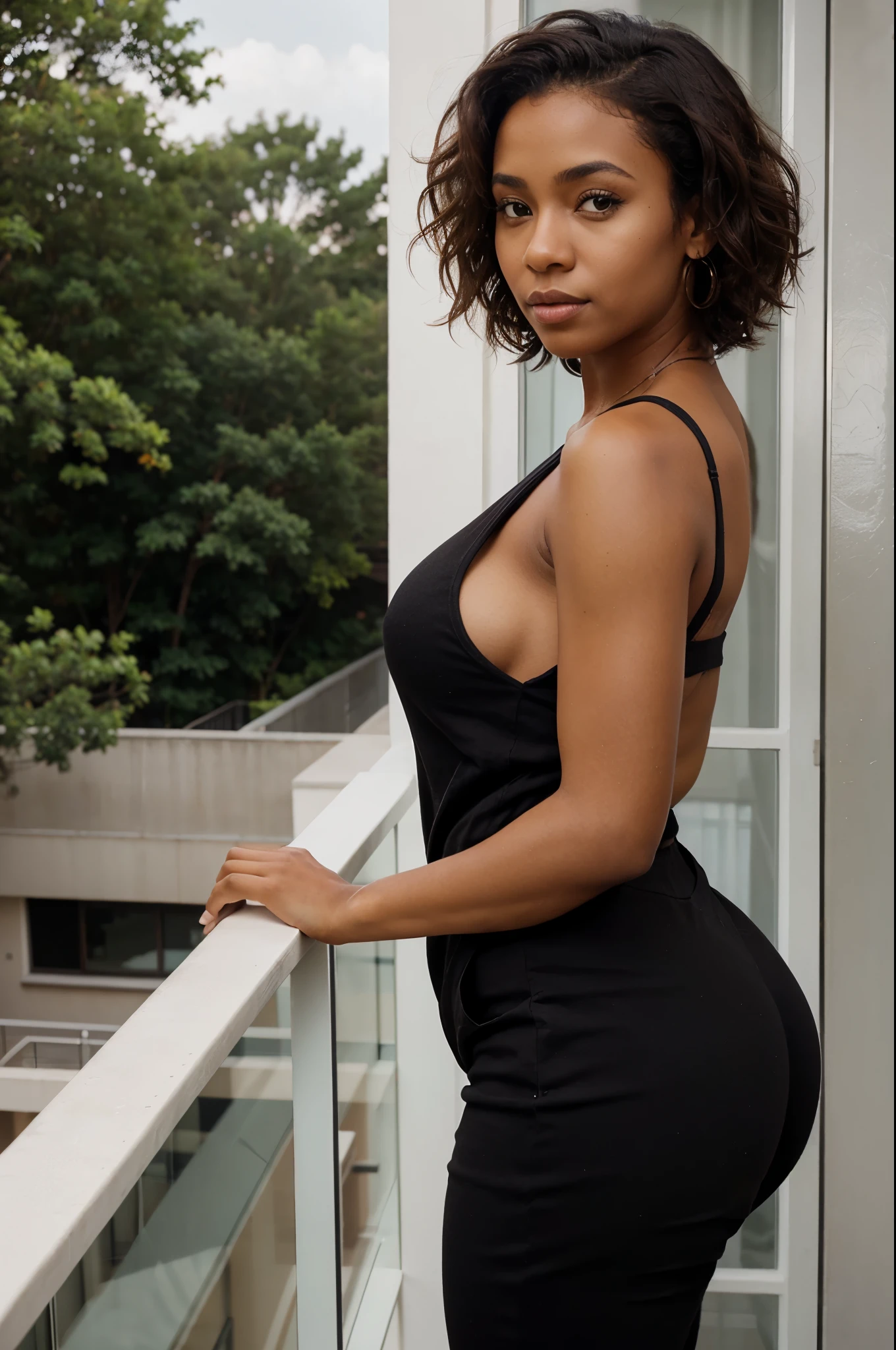 side pose of a beautiful black American woman, wearing plain black outfit, posing in her balcony, curvy figure, short brown curly hairs, brown eyes, realistic skin texture, realistic photography