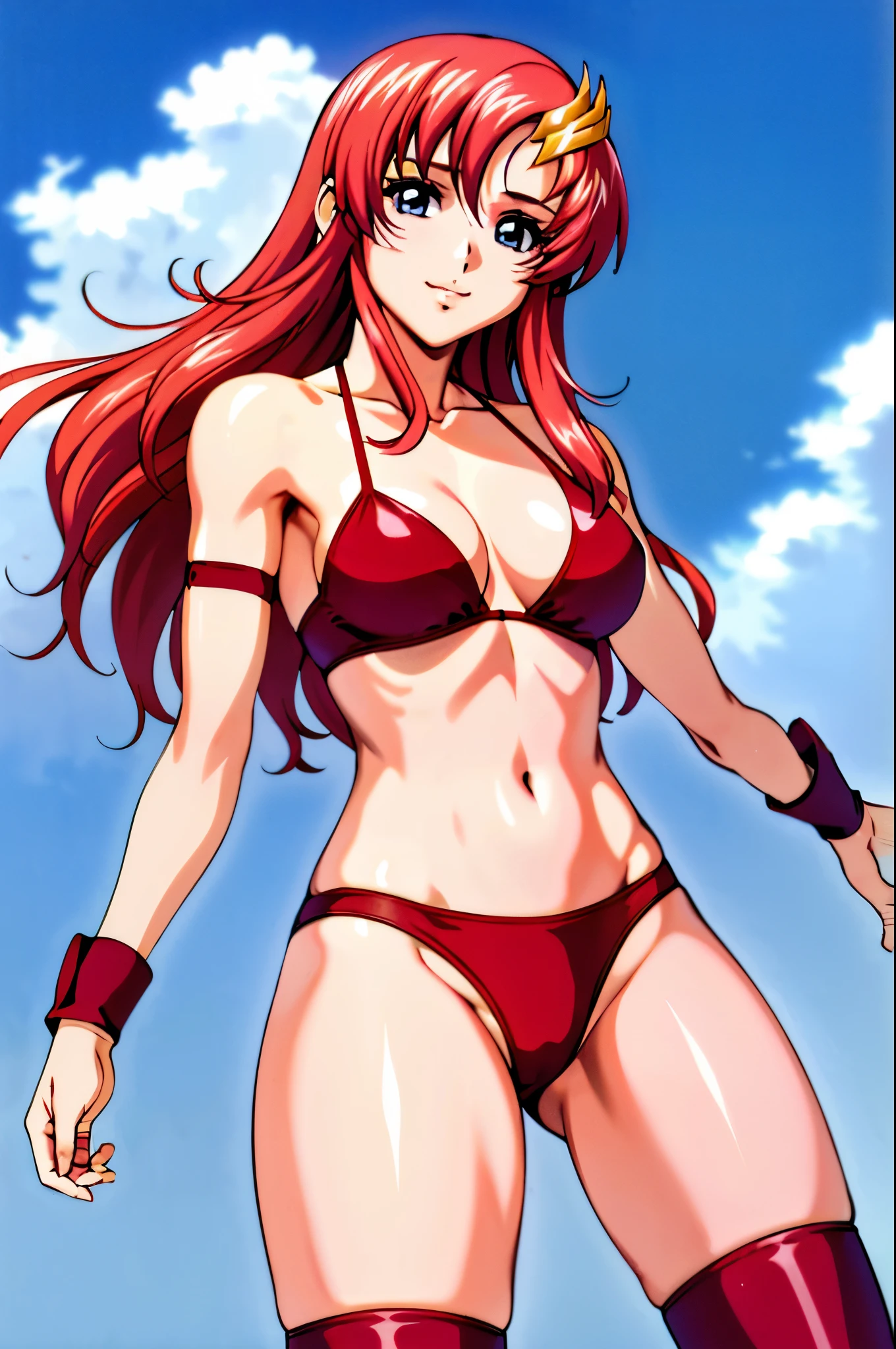 lacus4, (red long boots), (masterpiece, double bra, laying down, very slim shoulders, 4K, Best Quality, Anime style: 1.9, happy, Adult Woman, (ultra detailed head), (cloud background), Drawing lines, high resolution, lacus4), 1girl, Solo, curvy figure, Long hair, 鎖骨, scapular, (Detailed wide hair bangs, Hair Ornament, Detailed reddish-pink hair, shiny streaks, slim arms, detailed golden crest), cleavage, large hands, (hair cover shoulders). (Big blue eyes, shiny eyes), ((female wrestler, (slim body), little biceps, slim arms, closed fists, thighs)), ((perfect proportions, medium breasts, long belly)), (((crimson bikini only, red arm band, neck band))), smile, (standing, hot colors), detailed fingers, (bare shoulders)
