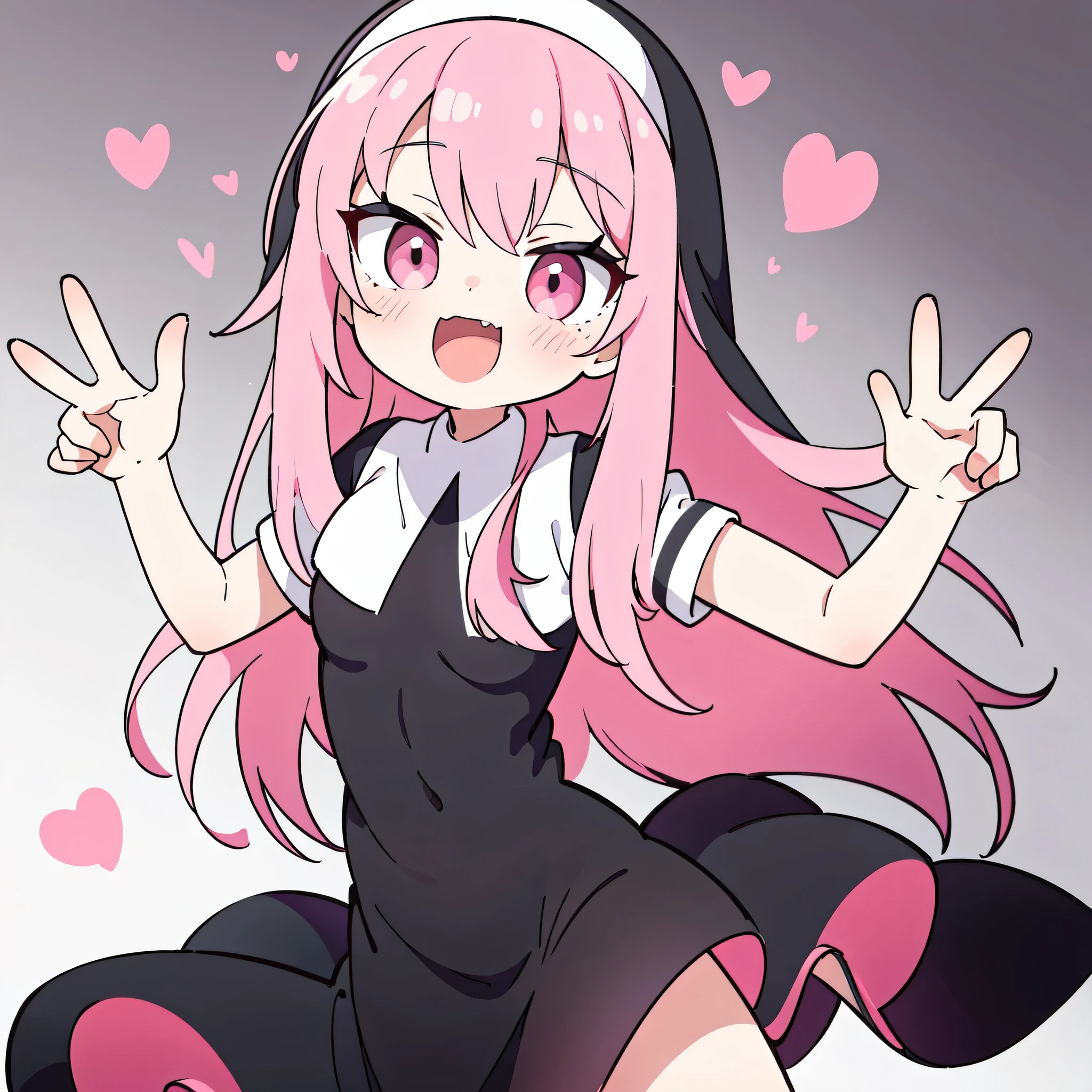 1 chica, Solo, Tsurime, laugh, boca grande, dynamic pose, monja, cabello rosado. absurdo, high resolution, ultra-sharp, 8k, obra maestra, mirando al espectador, corazones en el fondo. manos haciendo el signo de la paz