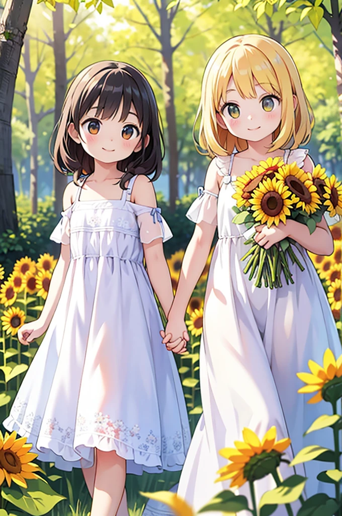 Two sisters holding hands and walking together in a blooming field of sunflowers, with soft golden sunlight filtering through the trees. The older sister has a gentle smile on her face and is wearing a floral dress, while the younger sister is wearing a colorful summer outfit and holding a small bouquet of wildflowers. The scene is beautifully painted in a realistic style, showcasing intricate details and vibrant colors