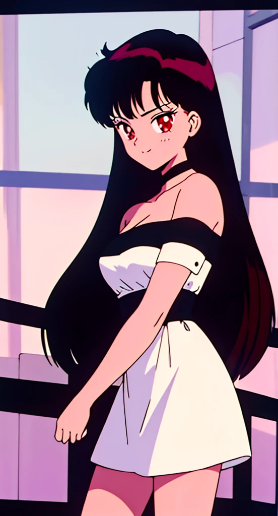 best quality, masterpiece, 1 girl, solo, light smile, looking at viewer, medium black hair, red eyes, seductive expression, look at viewer, strapless, cleavage, white short sleeves off shoulder shirt , black high waist short skirt, best quality, hires, detailed face, detailed dress, detailed background, diffused lighting, depth of field, bokeh, cowboy shot, arms at each side