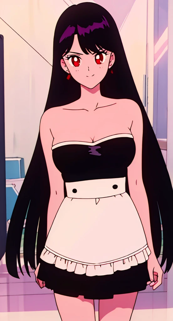 best quality, masterpiece, 1 girl, solo, light smile, looking at viewer, medium black hair, red eyes, seductive expression, look at viewer, strapless, cleavage, white short sleeves off shoulder shirt , black high waist short skirt, best quality, hires, detailed face, detailed dress, detailed background, diffused lighting, depth of field, bokeh, cowboy shot, arms at each side