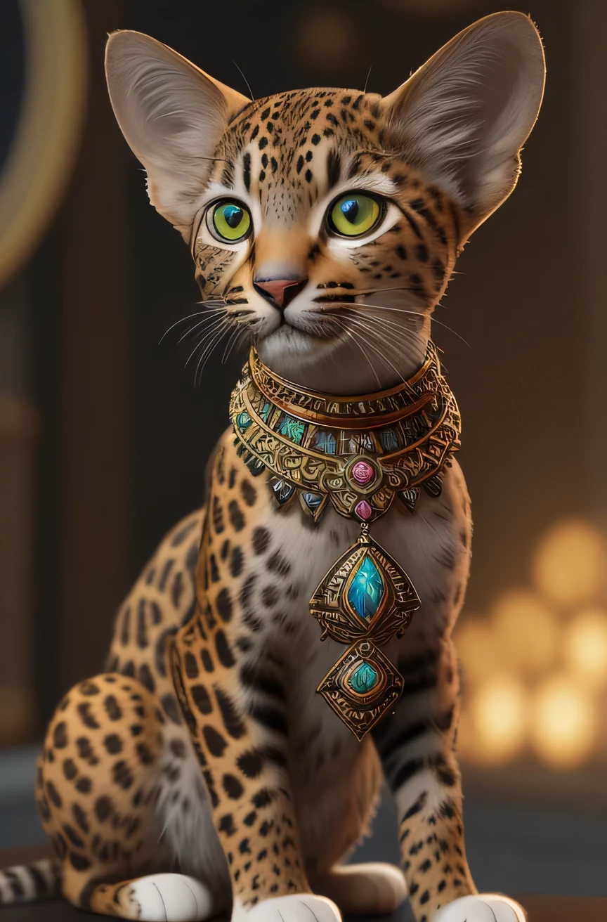 there is a cat that is sitting on a table, hyper real highly detailed, fantasy character, realistic render, 8k, high resolution and intricate, detailed textured, dramatic, cinematic, leopard fur, maya, masterpiece, best quality, HD, jewelry