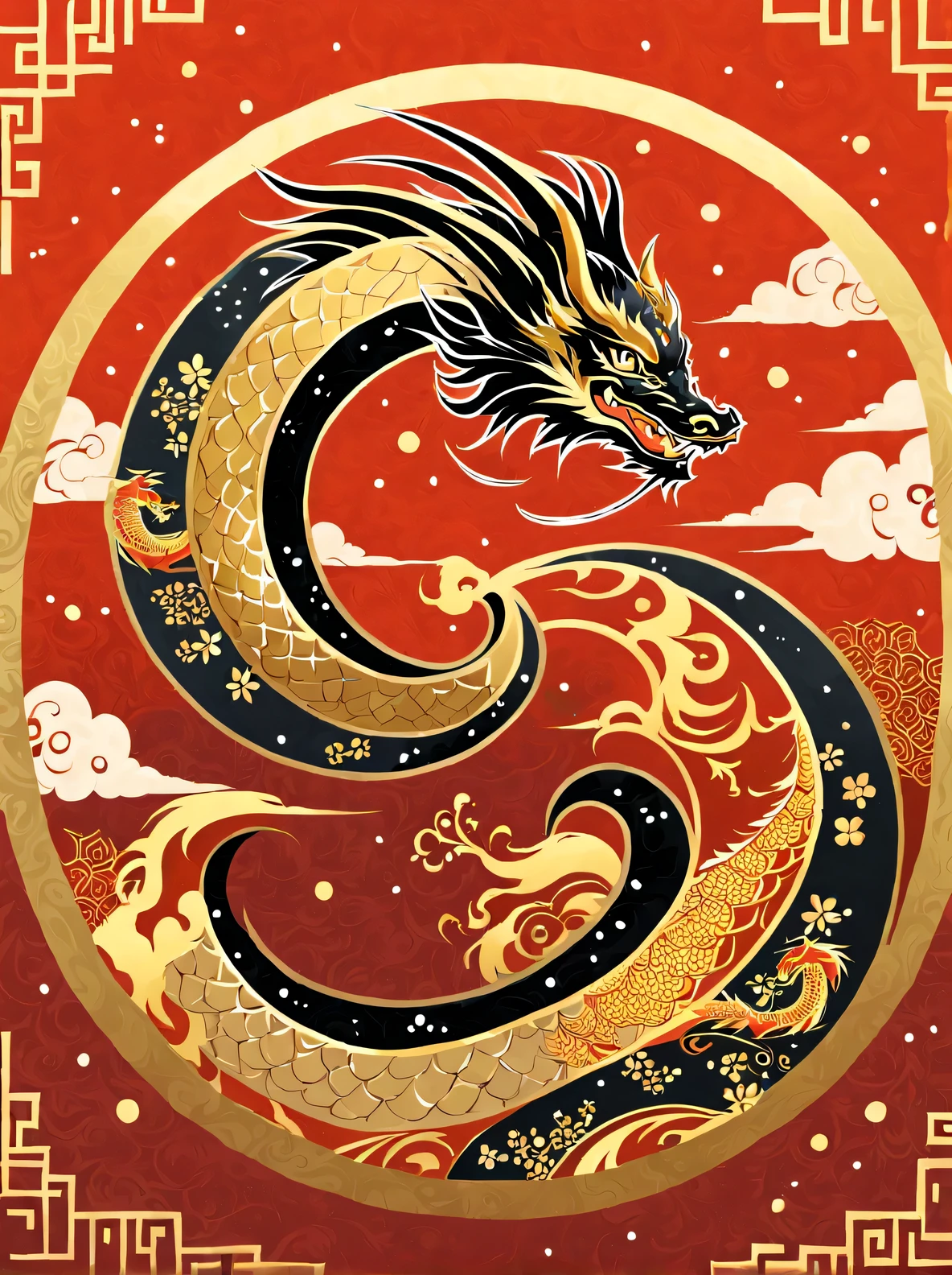 A golden dragon sitting on a red background stock illustration, Round style, floral pattern, Top Cole 58mm f/1.4, chinapunk, Description of bad weather, symmetrical arrangements, bold calligraphy
