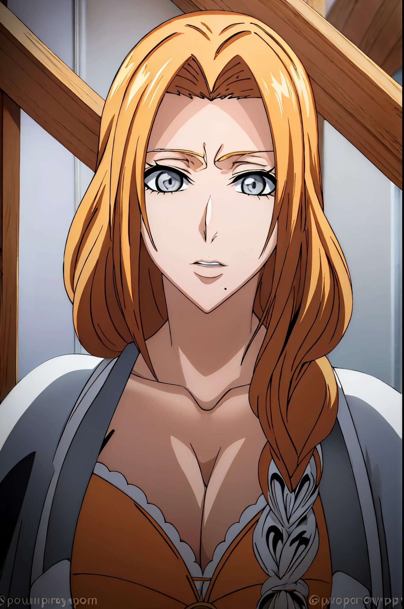 (Front_face), Simple White Background, Matsumoto Rangiku,  rangiku matsumoto, long hair, (grey eyes:1.5), orange hair, mole, mole under mouth, parted bangs,
green dress,collarbone, cleavage,
blue eyes, blonde hair,bangs,Long_hair,single braid, 
(Beautiful,large_Breasts:1.4), (beautiful_face:1.5),(narrow_waist),