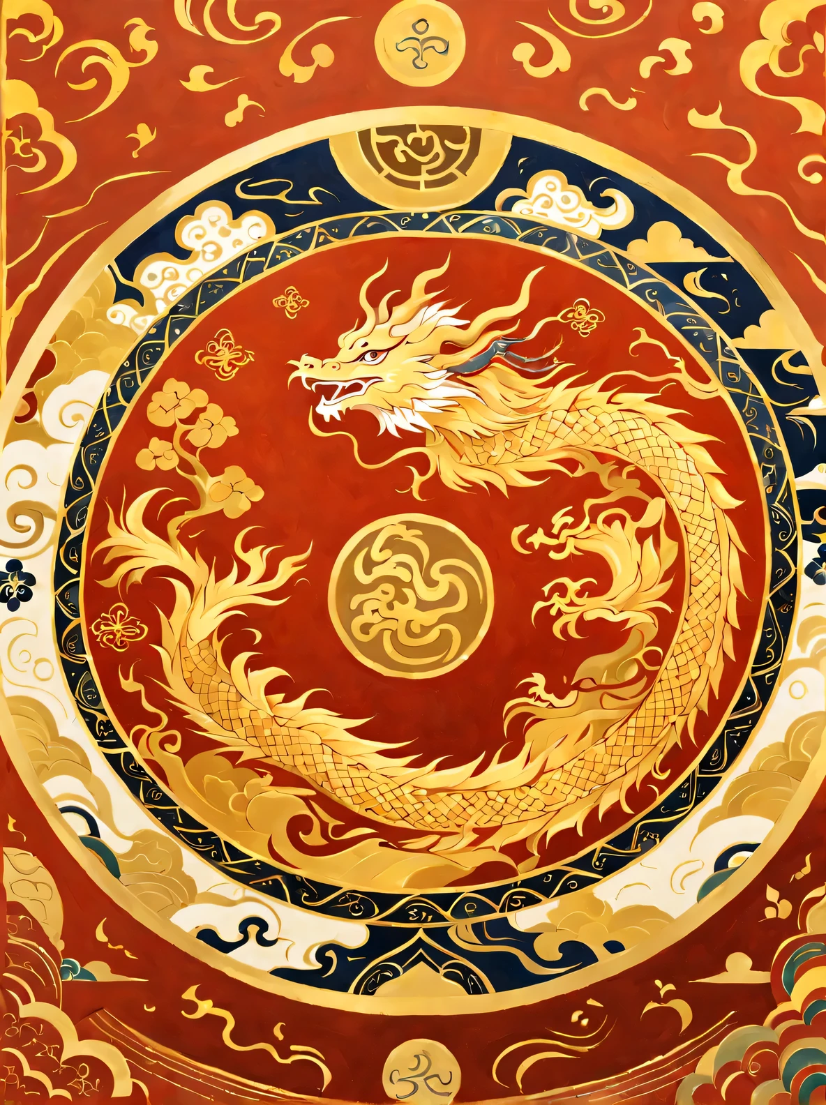 Chinese new year golden dragon on red background, Round style, Phoenician Art, layered imagery with subtle irony, 16th century, floral pattern, Light yellow and dark white, Top Cole 58mm f/1.4
