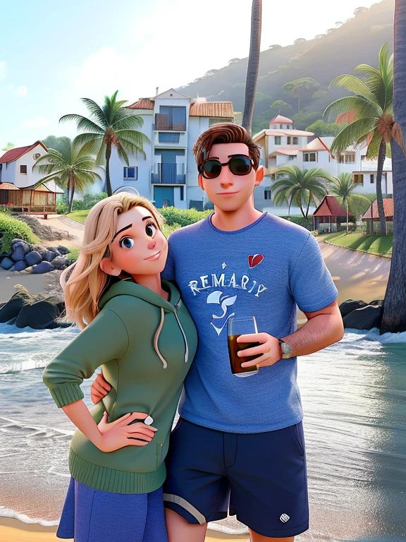 Romantic couple on the beach, homem com rosto redondo, mulher com seios pequenos