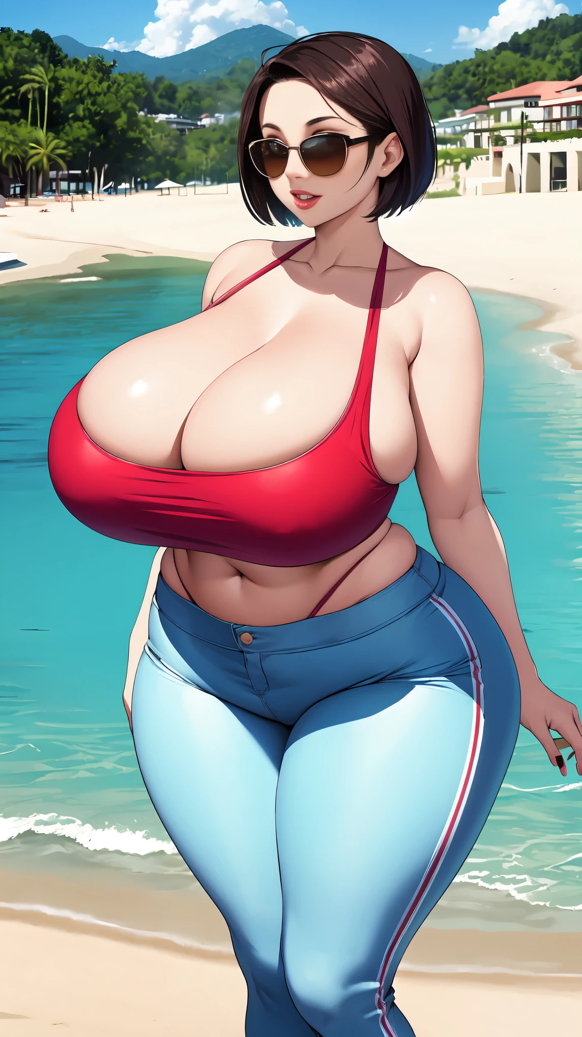 1 Latina thin women, solo, light skinned women, beach, huge gigantic breasts, oppai ratio, bbw, beautiful body, long breasts, boasting, proud, short hair, shoulder length hair, open top, tight pants, nice small hips, sunglasses, high quality, tall Latin thin woman, highest quality, windy, holding breasts,