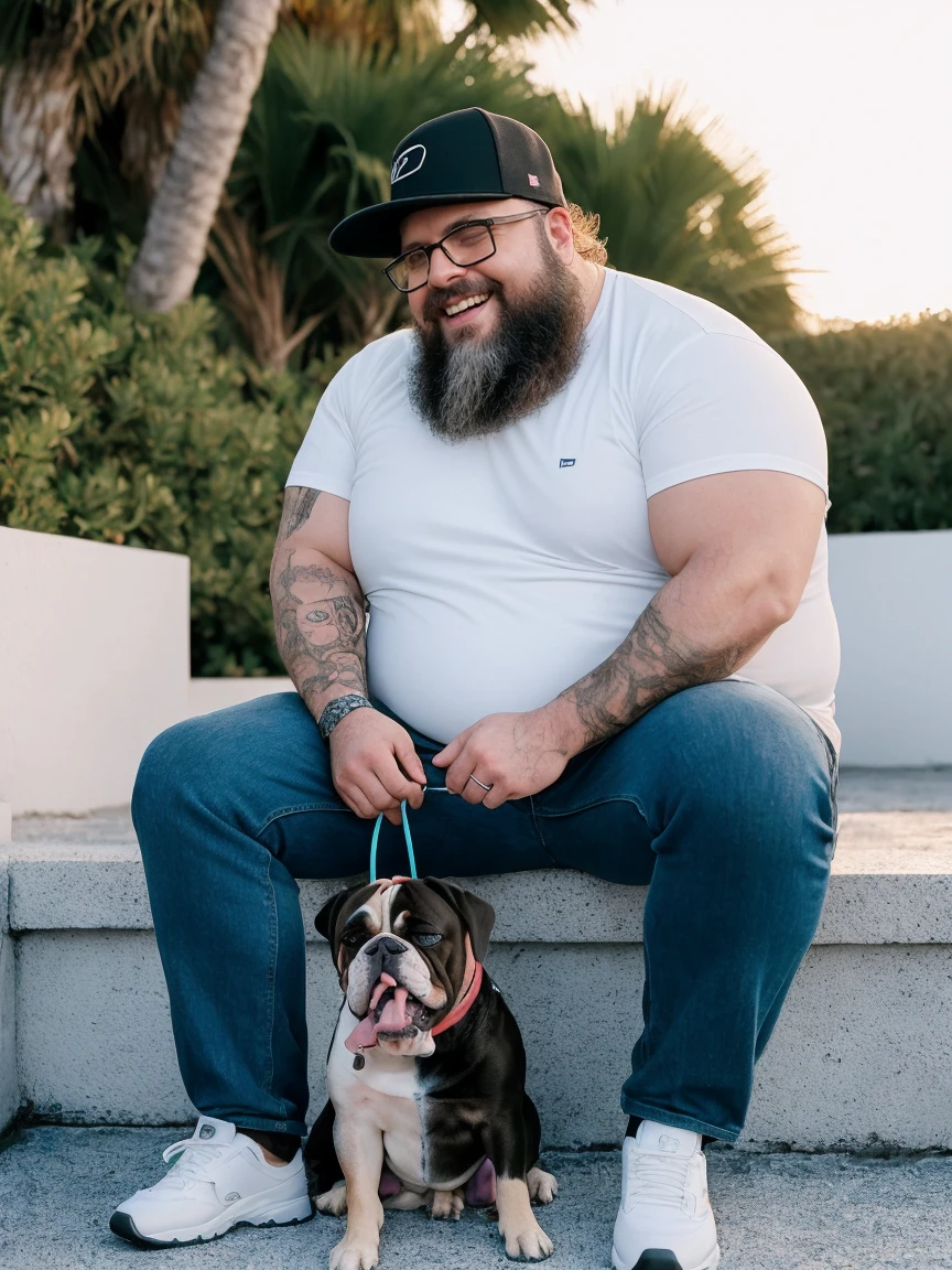 Uma luz amarelada de fim de tarde ilumina o corpo e o ambiente, Veste roupas da moda, mesa,alta qualidade,altamente detalhado,cena intensa, solid, Gritty Reality Scenario for 42 Year Old Sexy Fat Bearded Man,cheio de suor,corpo todo,barriga grande, prescription glasses or sport glasses , smiling Laughing expression of great happiness, wearing a hat or wearing a hat on the head, ((Vestindo blusa de passeio, uma bermuda branco)),rosto atordoado,Abra as pernas, Florida square environment luxurious outdoor place, He walks his English Cocker Spaniel or English Bulldog, Dalmatians, collie, Maltese, he affectionately holds the dog in his arm or holds him petting him on his lap.