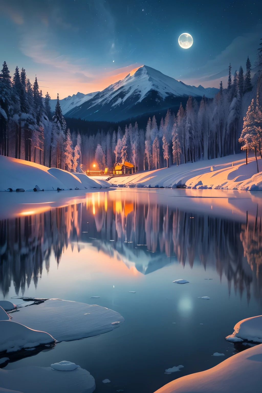 Generate a mesmerizing image of a snow-covered clearing with a frozen lake during the night. Prioritize best quality, high resolution, and ultra-detailed rendering (best quality, highres, ultra-detailed:1.2). Capture the serene beauty of a winter landscape with a wide-angle lens. Illuminate the scene with moonlight or starlight, creating a peaceful and enchanting atmosphere. Emphasize the pristine snow, the reflections on the frozen lake, and the quiet stillness of the night. Ensure the overall visual impact is both captivating and evocative. 