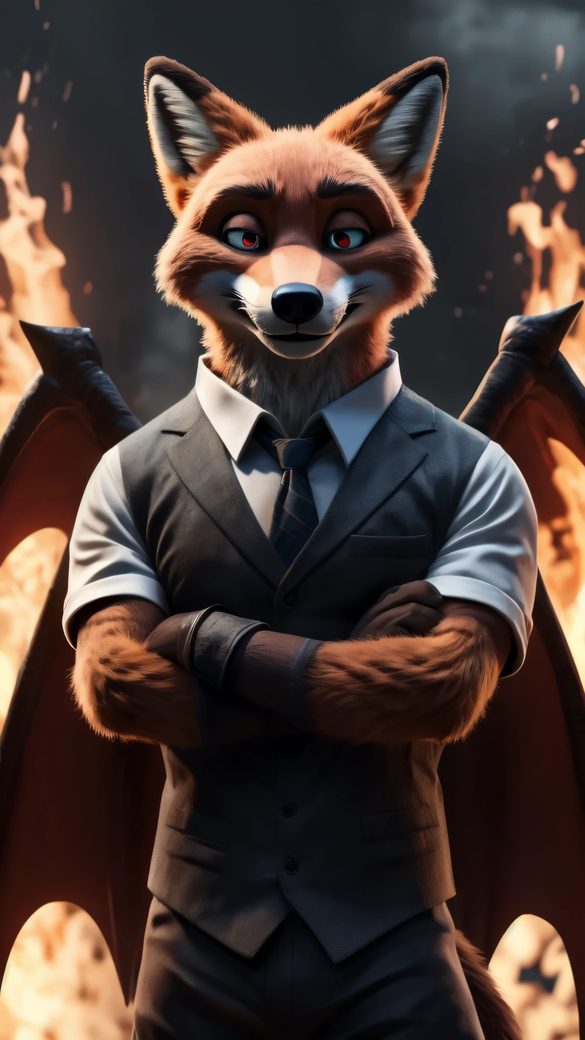 (best quality, 32K 62K, high resolution, masterpiece:1.2), ultra-detailed, (photorealistic:1.37), (the ultimate Orochi Nick Wilde), glowing red eyes, looking at the viewer, detailed facial features, even wearing a outfit very similar to Iori Yagami's, background from The King of Fighters XV, fire background, serious expression on the face Full body arms crossed and black wings open