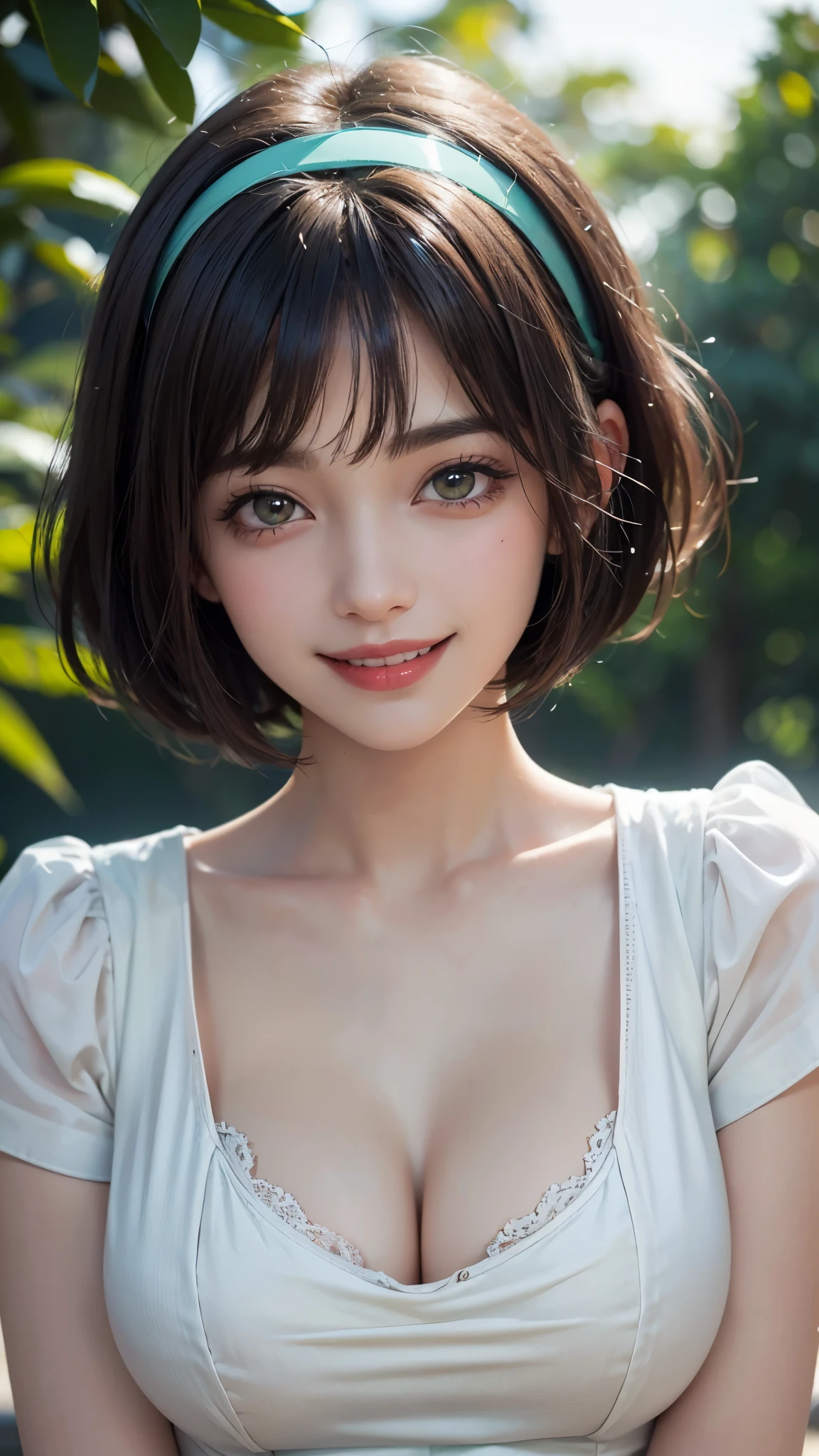(UHD, retina, masterpiece, accurate, anatomically_correct, textured_skin, super_detail, high_details, high_quality, best_quality, high_res, 1080P, HD, 4K, 8k, 16k), (beautiful_detailed_eyes, beautiful_detailed_lips, extremely_detailed_eyes_and_face), (soft_lighting:1.5), physically-based_rendering, vivid_colors, (large_breasts:1.5), (shiny_hair, shiny_skin, tanned_skin, blush), (bangs:1.5), eye_reflection, (bokeh), (smile_and_laugh, bob_cut, hairband, blouse:1.5), (two-tone_color, green_&_brown),