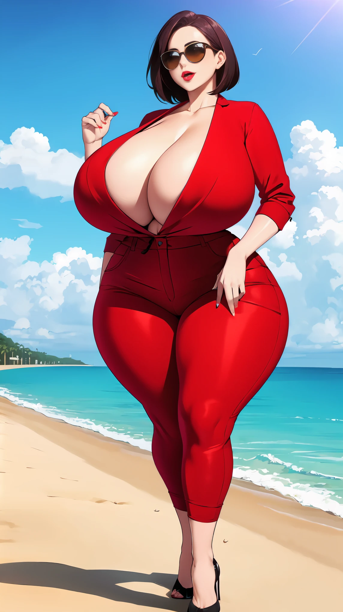 1 Latina tall women, solo, light skinned women, beach, huge gigantic breasts, oppai ratio, bbw, beautiful body, long breasts, boasting, proud, short hair, shoulder length hair, open top, tight pants, nice small hips, sunglasses, high quality, tall Latin woman, highest quality, windy,