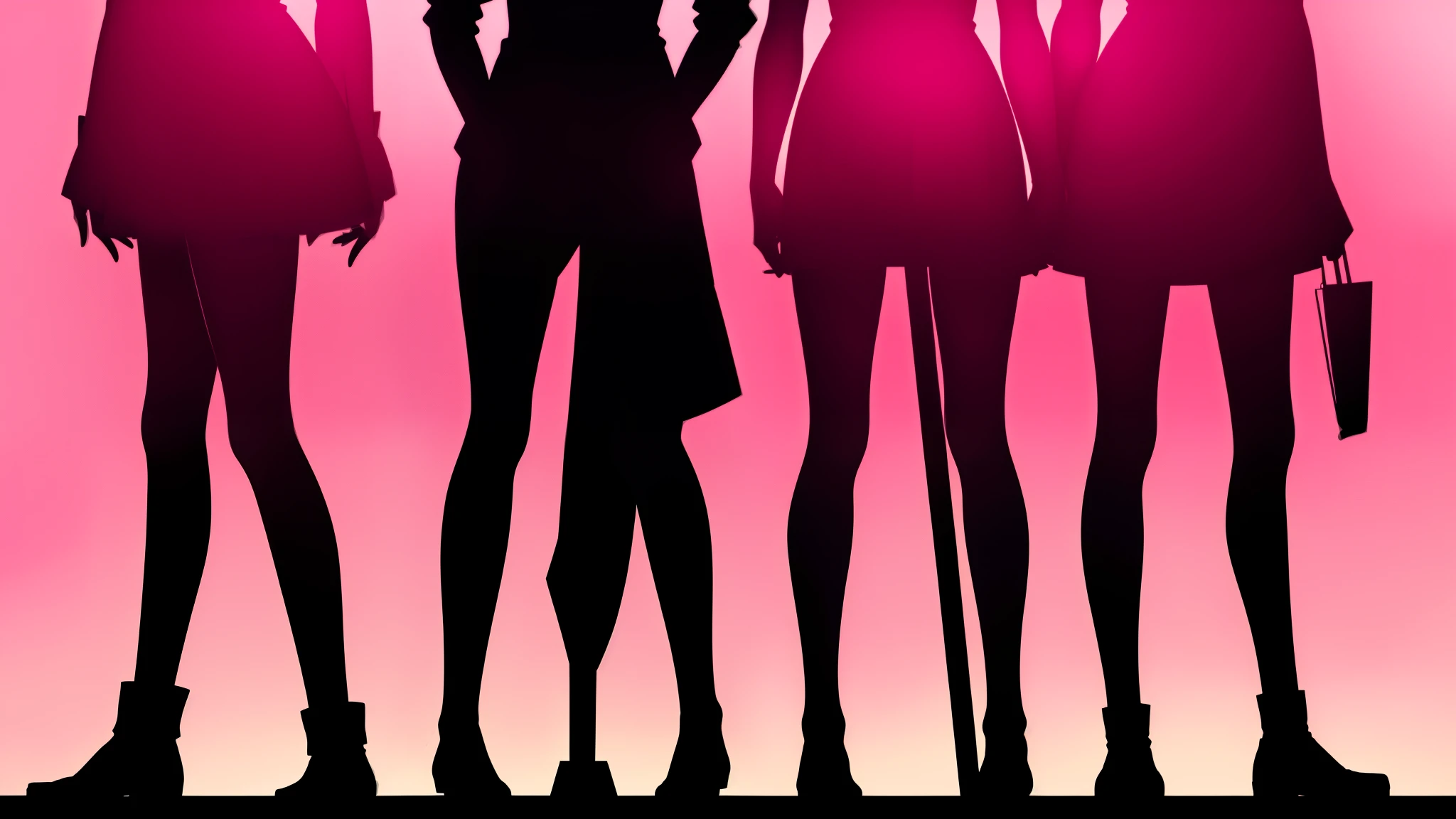 three girl silhouette's standing, dark pink background, facing viewer, cute, facing viewer, bad_apple, monochrome pink and black