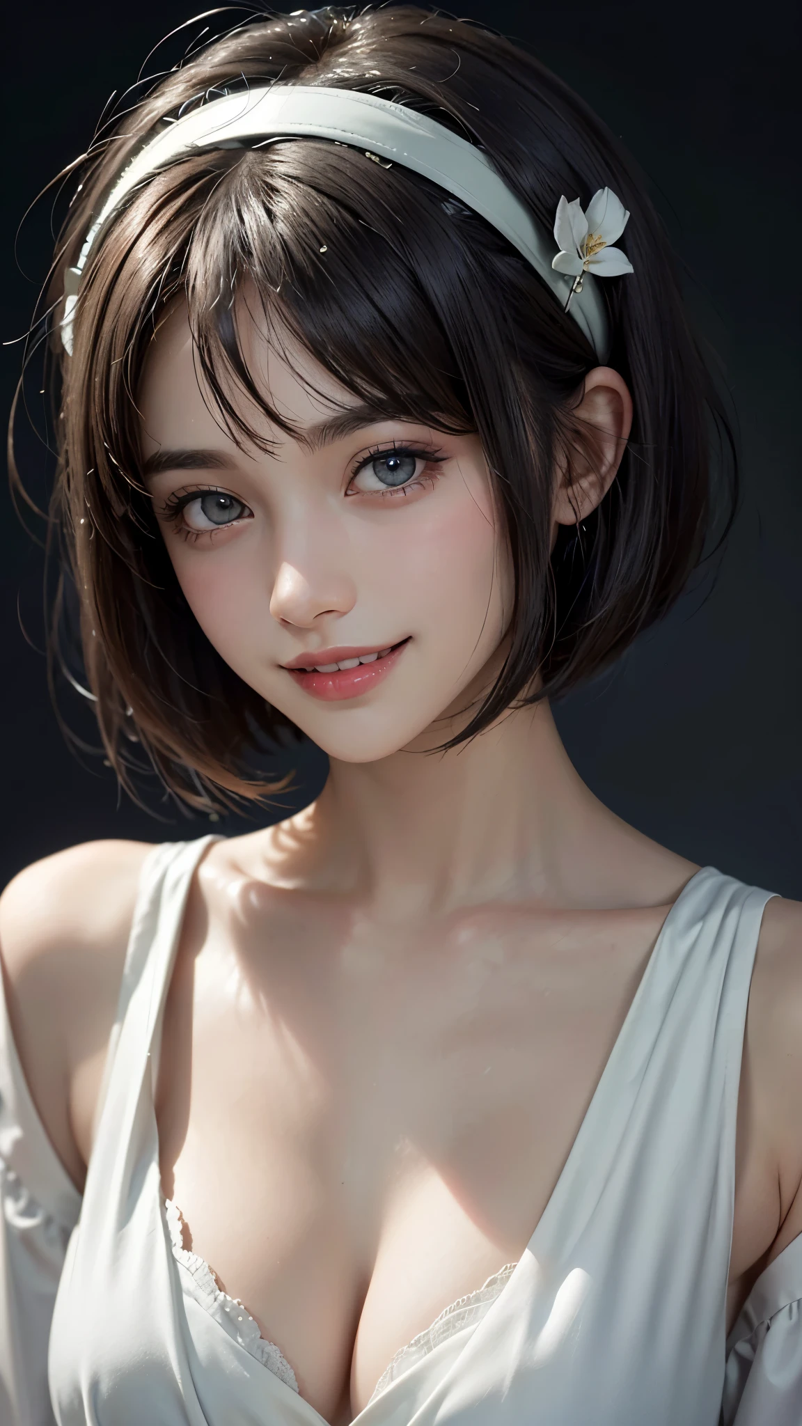 (UHD, retina, masterpiece, accurate, anatomically_correct, textured_skin, super_detail, high_details, high_quality, best_quality, high_res, 1080P, HD, 4K, 8k, 16k), (beautiful_detailed_eyes, beautiful_detailed_lips, extremely_detailed_eyes_and_face), (soft_lighting:1.5), physically-based_rendering, vivid_colors, (large_breasts:1.5), (shiny_hair, shiny_skin, tanned_skin, blush), (bangs:1.5), eye_reflection, (bokeh), (smile_and_laugh, bob_cut, hairband, blouse:1.5), (two-tone_color, black_&_white),