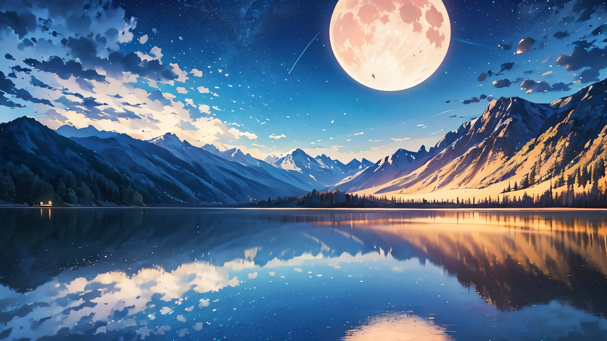 A very starry night. A huge moon behind the mountain. Peaceful lake reflects the night. The sunset is accompanied by flying cranes. Realistic scenes, detail, photorealism, 8K