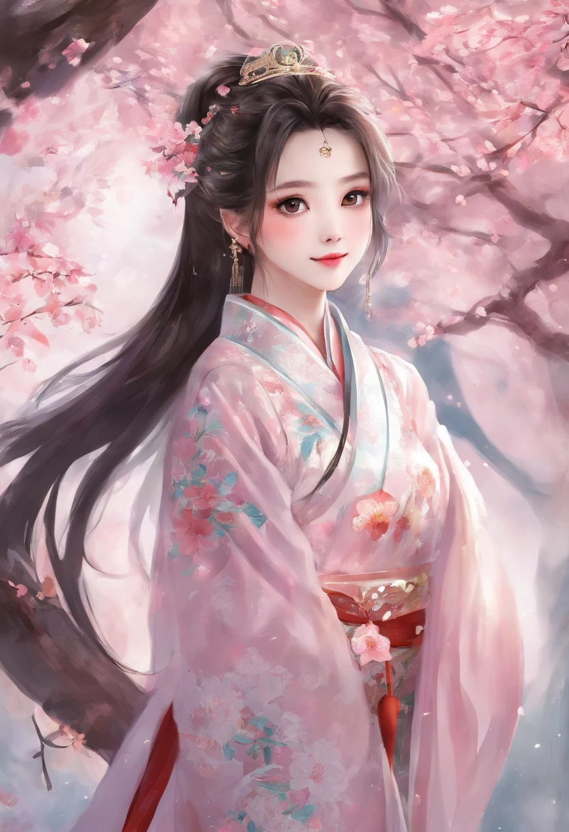1 girl, , Cute pretty bun,16 years old,hair black, Lively and playful expression,Smile,,sweet,Chinese garden,Pear blossom tree,Snuggle up to the boy,Cyan Hanfu,1 teenager,White silk brocade robe,Handsome-looking, leaning against tree, Style quadratic,best quality,exquisite,Mouth,The facial details are very rich,blush,粉红色的Mouth唇,娇嫩的Mouth唇,