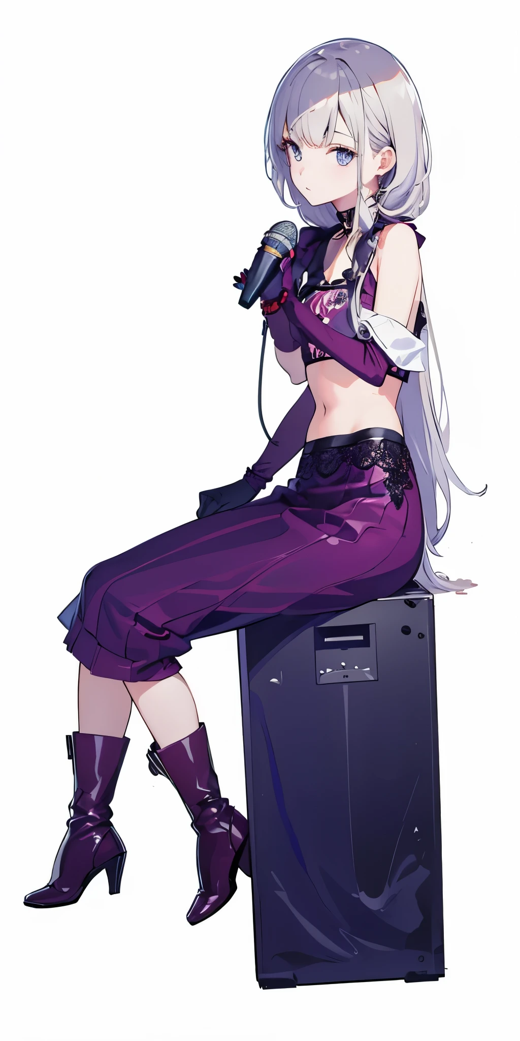 (masterpiece), (best quality), (ultra detailed),(disheveled hair),(illustration), (1girl), (Fashionable clothing), standing, Fashion model, looking at viewer, (interview), (simple background),beautiful detailed eyes, delicate beautiful face,singing, sitting on the speaker, sexy, flat straight bangs hair , left hand hold microphone , metallic shirt, showing stomach ,
