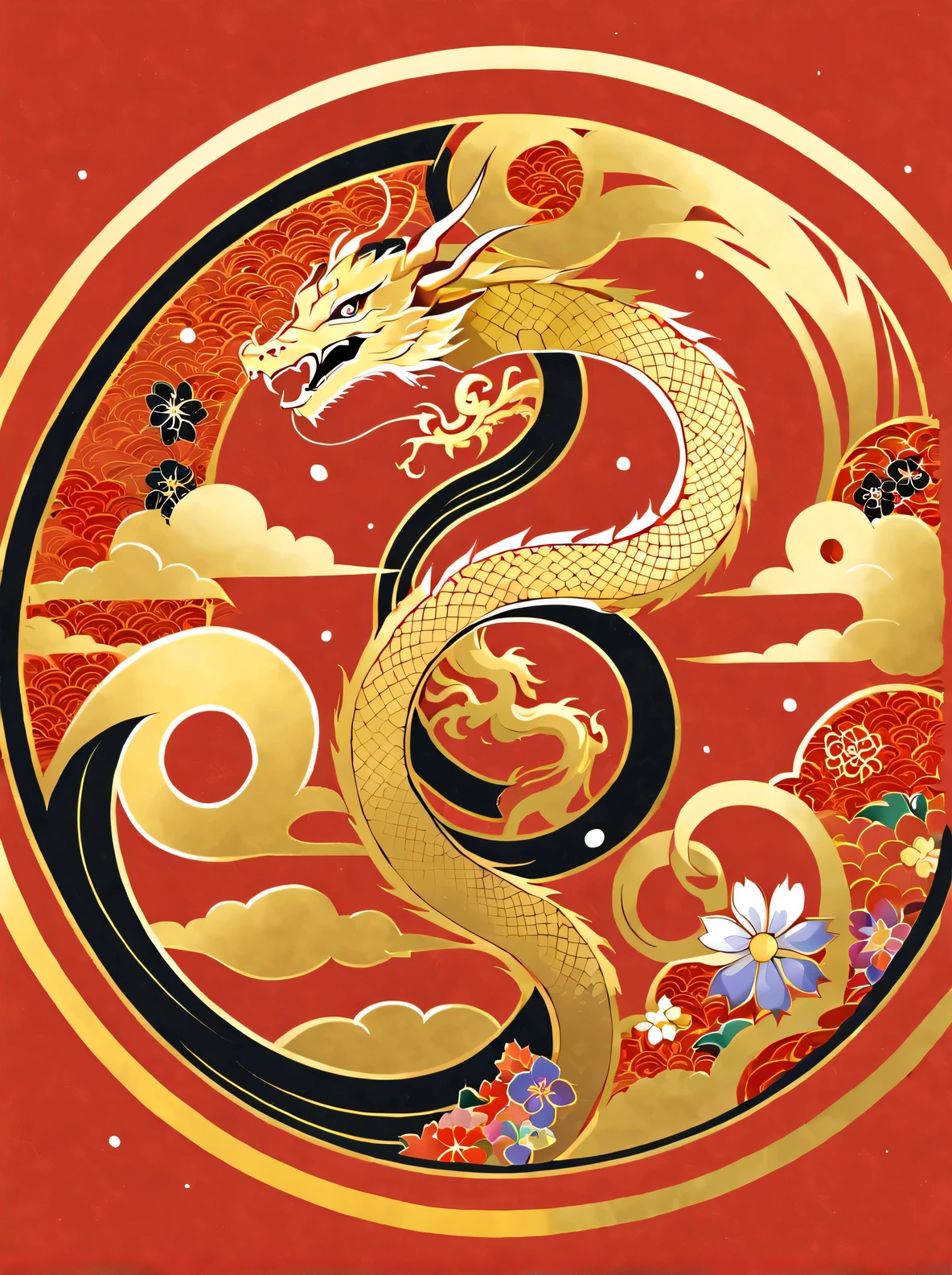 A golden dragon sitting on a red background stock illustration, Round style, floral pattern, Top Cole 58mm f/1.4, chinapunk, Description of bad weather, symmetrical arrangements, bold calligraphy
