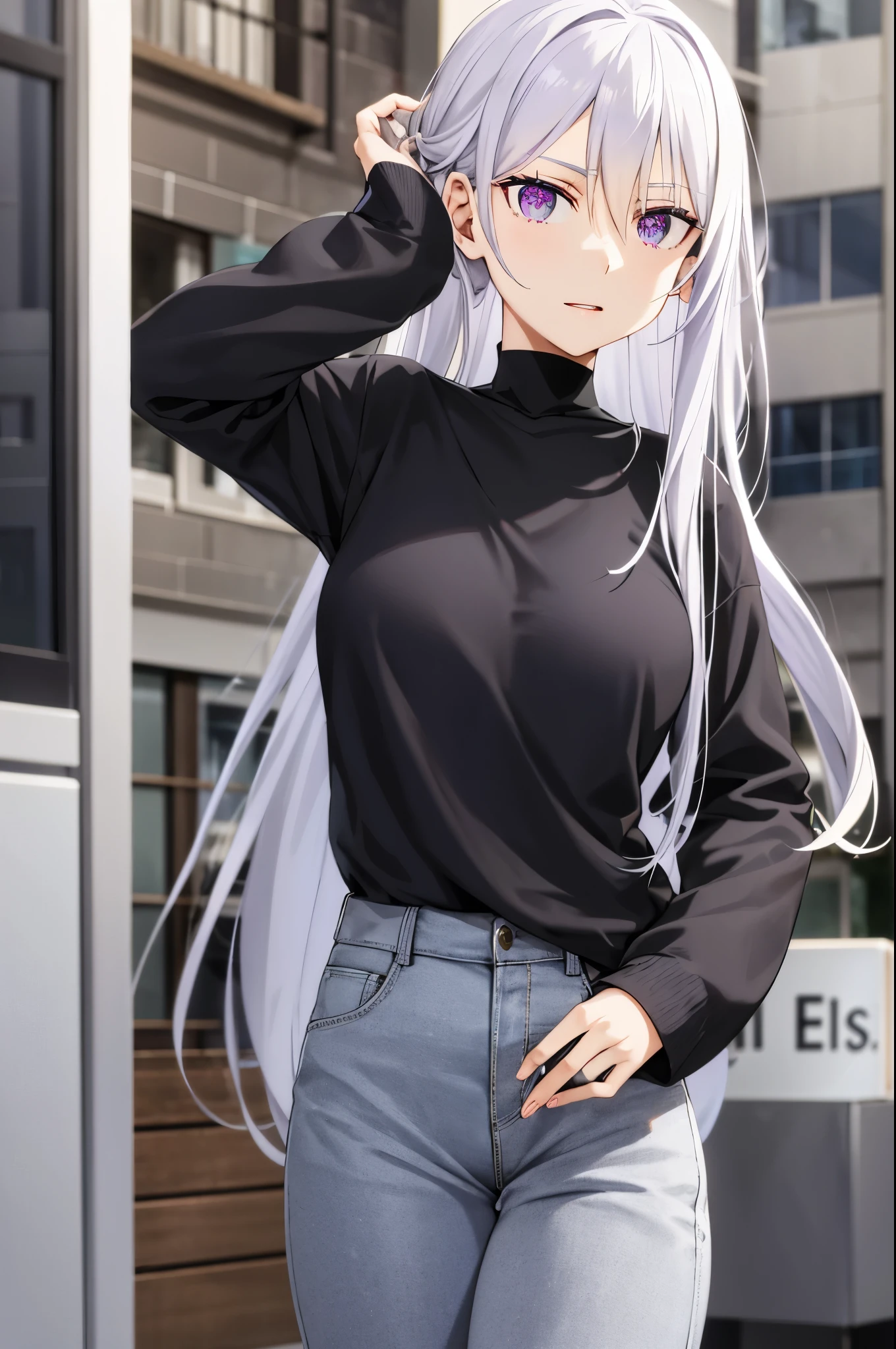 In a dynamic stance, Reona's silver hair flows with energy. Clad in casual attire with a touch of jewelry, her purple eyes captivate, framed by the hair between her eyes