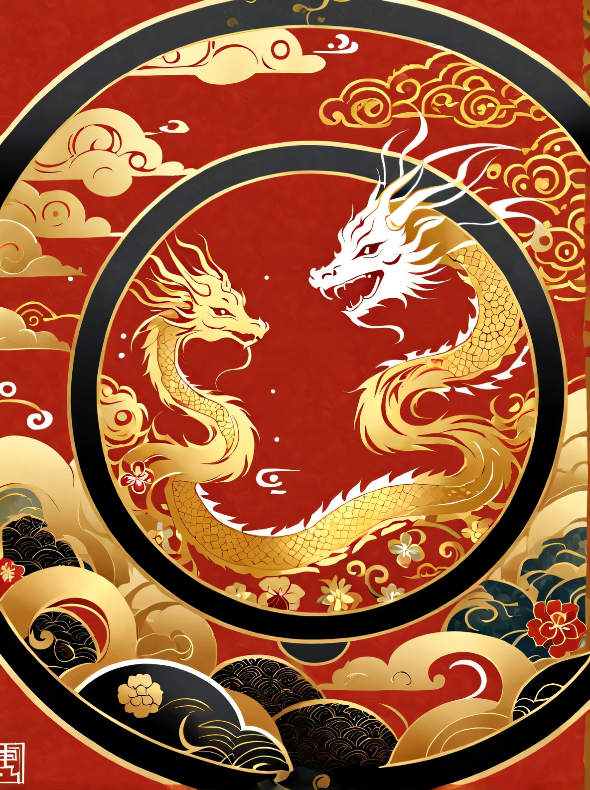 A golden dragon sitting on a red background stock illustration, Round style, floral pattern, Top Cole 58mm f/1.4, chinapunk, Description of bad weather, symmetrical arrangements, bold calligraphy
