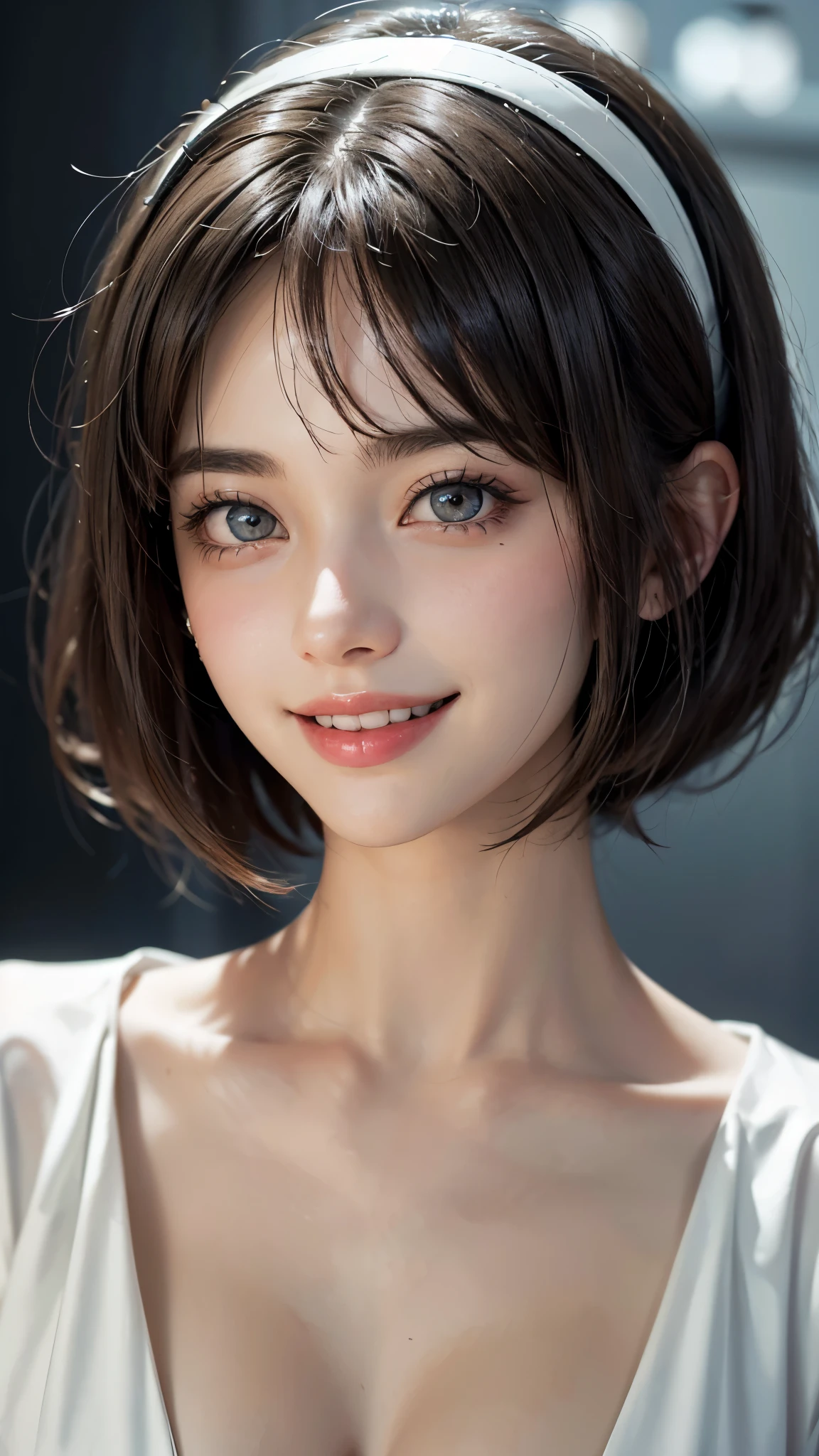 (UHD, retina, masterpiece, accurate, anatomically_correct, textured_skin, super_detail, high_details, high_quality, best_quality, high_res, 1080P, HD, 4K, 8k, 16k), (beautiful_detailed_eyes, beautiful_detailed_lips, extremely_detailed_eyes_and_face), (soft_lighting:1.5), physically-based_rendering, vivid_colors, (large_breasts:1.5), (shiny_hair, shiny_skin, tanned_skin, blush), (bangs:1.5), eye_reflection, (bokeh), (smile_and_laugh, bob_cut, hairband, blouse:1.5), (two-tone_color, black_&_white),