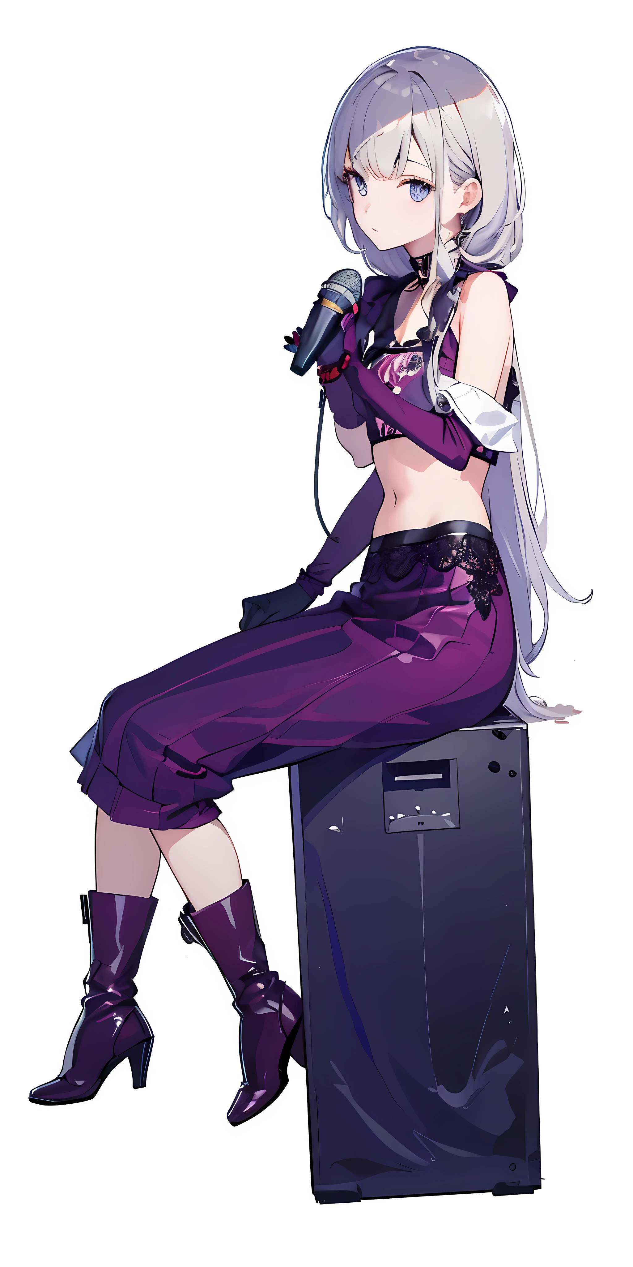 (masterpiece), (best quality), (ultra detailed),(disheveled hair),(illustration), (1girl), (Fashionable clothing), standing, Fashion model, looking at viewer, (interview), (simple background),beautiful detailed eyes, delicate beautiful face,singing, sitting on the speaker, sexy, flat straight bangs hair , left hand hold microphone , metallic shirt, showing stomach , 