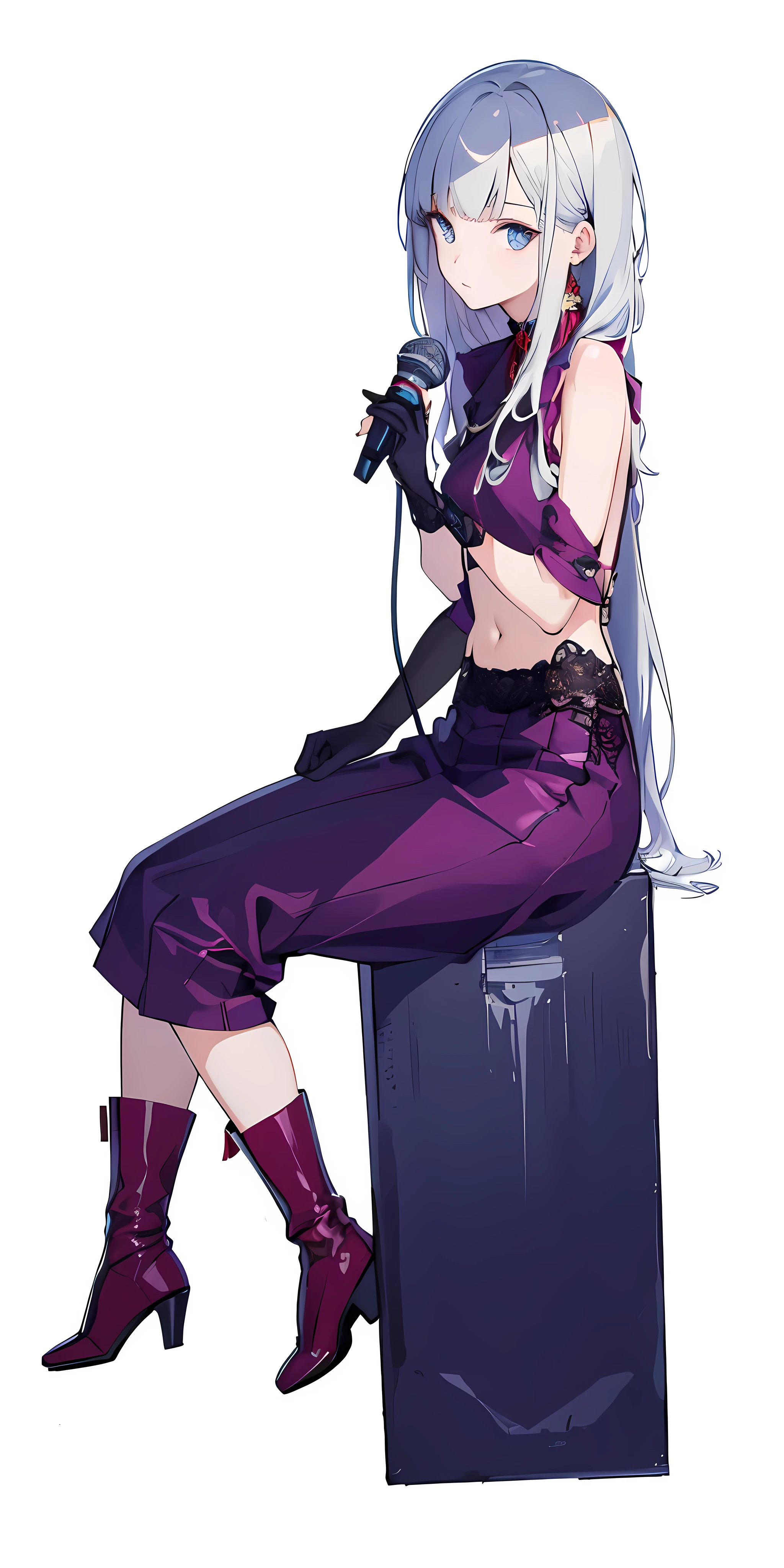 (masterpiece), (best quality), (ultra detailed),(disheveled hair),(illustration), (1girl), (Fashionable clothing), standing, Fashion model, looking at viewer, (interview), (simple background),beautiful detailed eyes, delicate beautiful face,singing, sitting on the speaker, sexy, flat straight bangs hair , left hand hold microphone , metallic shirt, showing stomach ,
