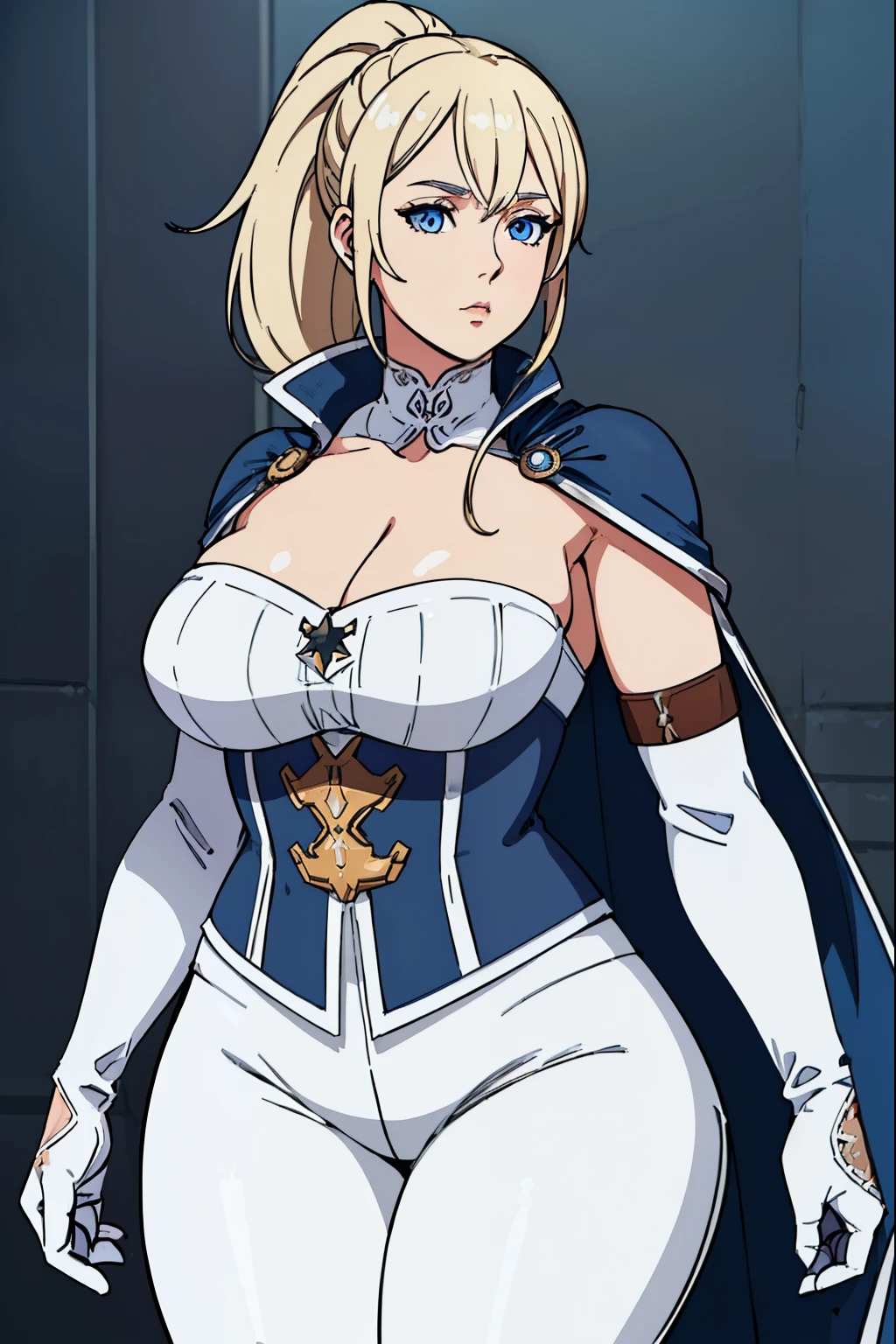 jeangunnhildr, jean, blonde hair, blue eyes, hair between eyes, medium hair, ponytail, black gloves, blue capelet, capelet, cleavage, corset, detached sleeves, gloves, pants, strapless, (white pants:1.5),  looking at viewer, (cowboy shot:1.5), (masterpiece:1.2), best quality, high resolution, unity 8k wallpaper, (illustration:0.8), (beautiful detailed eyes:1.6), extremely detailed face, perfect lighting, extremely detailed CG, (perfect hands, perfect anatomy), (obesity:1.4), ((fat folds)), ((chubby, fat arms)), (fat rolls, wide belly:1.2),