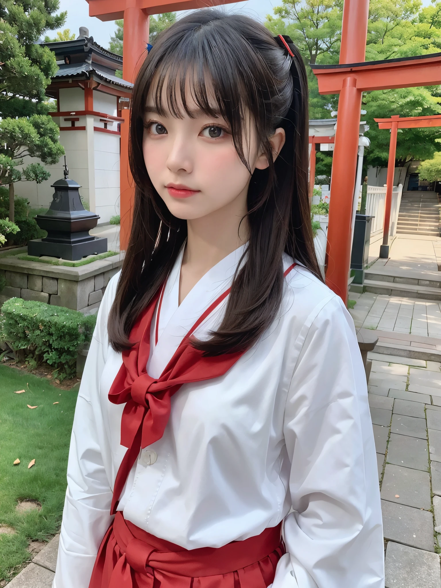 highest quality、8K、ultra high resolution、Super detailed face and eyes、Highly detailed face and skin texture、glowing skin、shiny skin、master piece:1.3、1 girl、A beautiful woman with slim abs as an accent、super detail face、delicate eyes、double eyelid、full shot、medium long hair、20-year-old、brown hair、shrine maiden、shrine maiden服、shrine、white clothes、red hakama、torii、shade、Shadow、Exorcism、Exorcism棒