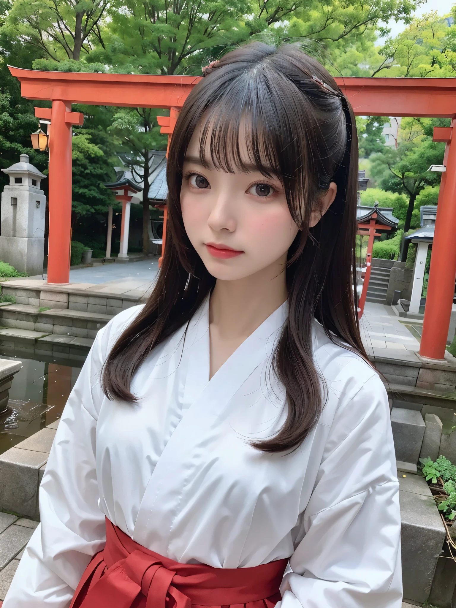 highest quality、8K、ultra high resolution、Super detailed face and eyes、Highly detailed face and skin texture、glowing skin、shiny skin、master piece:1.3、1 girl、A beautiful woman with slim abs as an accent、super detail face、delicate eyes、double eyelid、full shot、medium long hair、20-year-old、brown hair、shrine maiden、shrine maiden服、shrine、white clothes、red hakama、torii、shade、Shadow、Exorcism、Exorcism棒