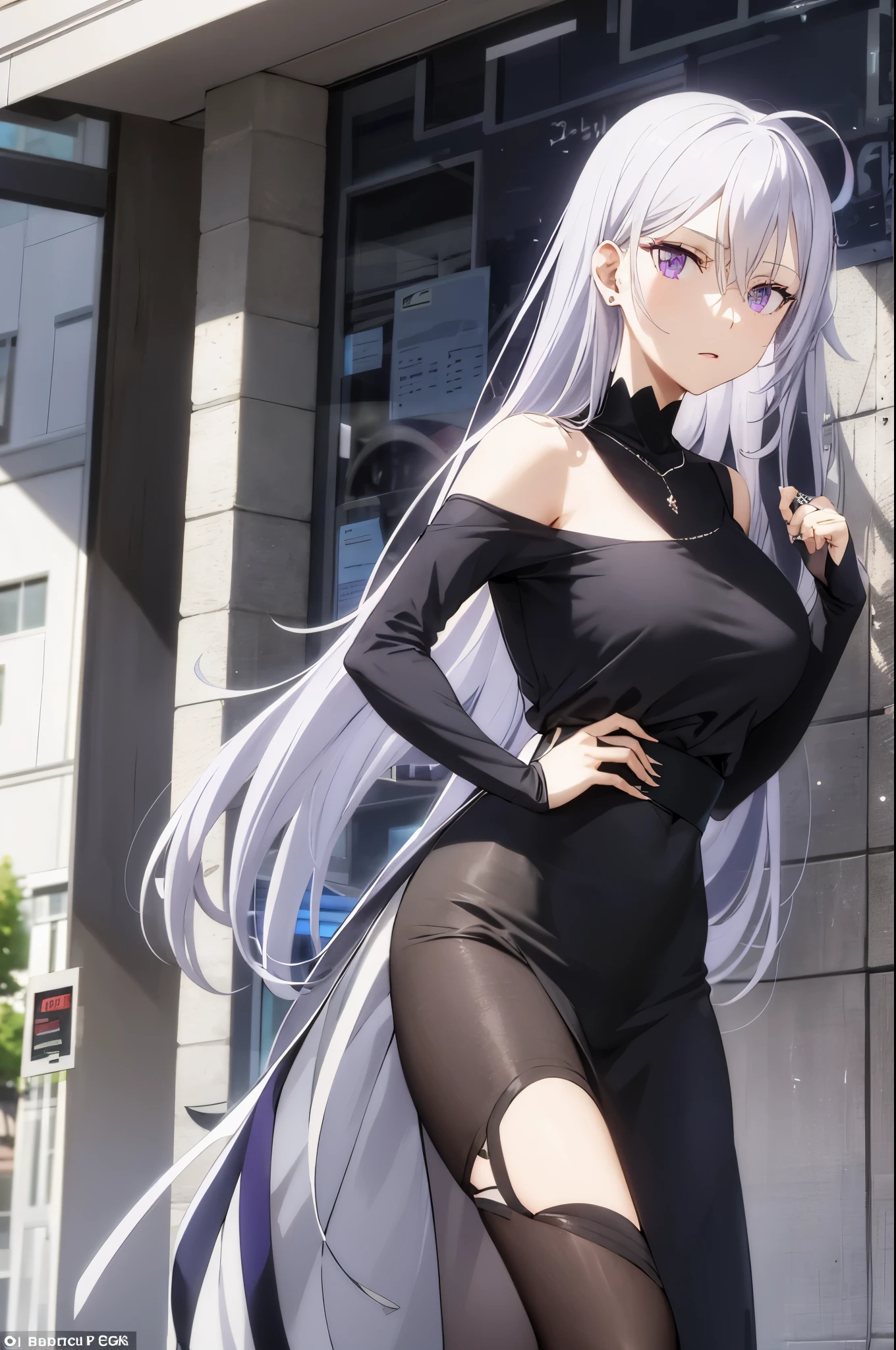 In a dynamic stance, Reona's silver hair flows with energy. Clad in casual attire with a touch of jewelry, her purple eyes captivate, framed by the hair between her eyes